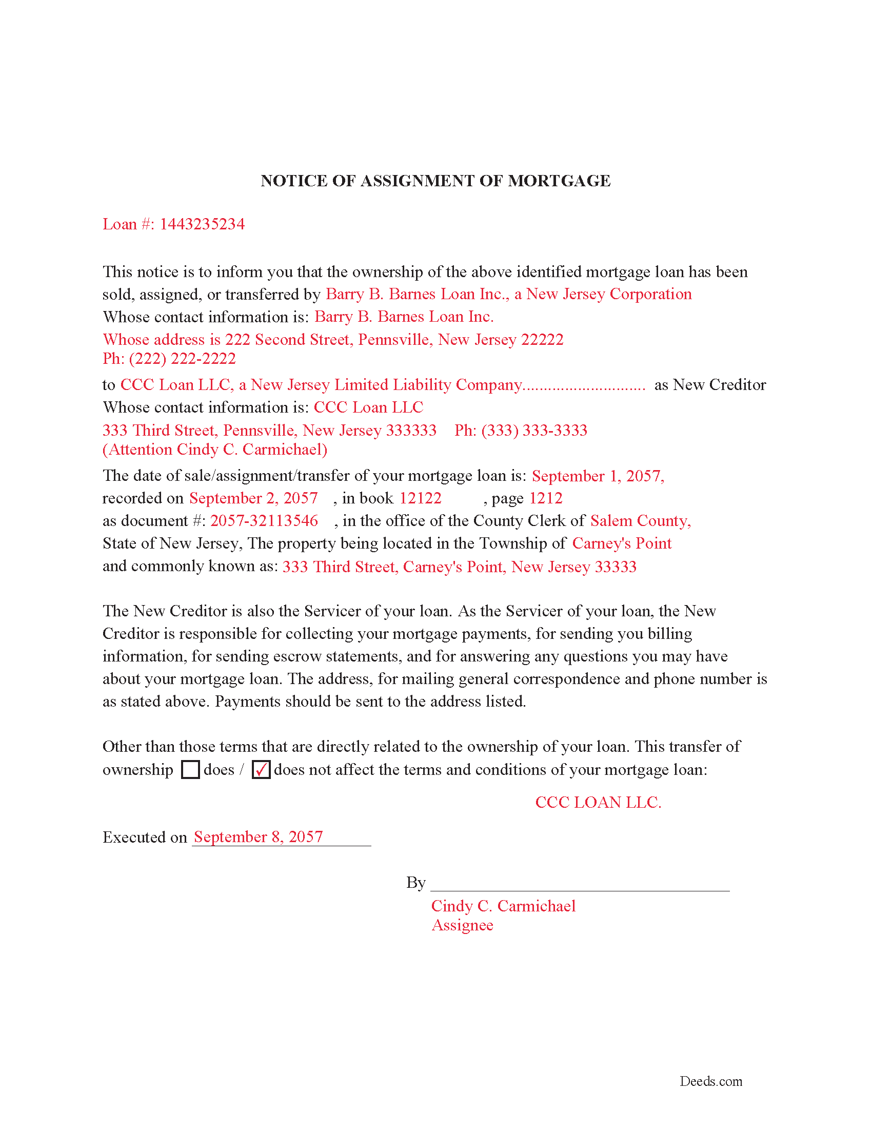 Completed Example of Notice of Assignment Document