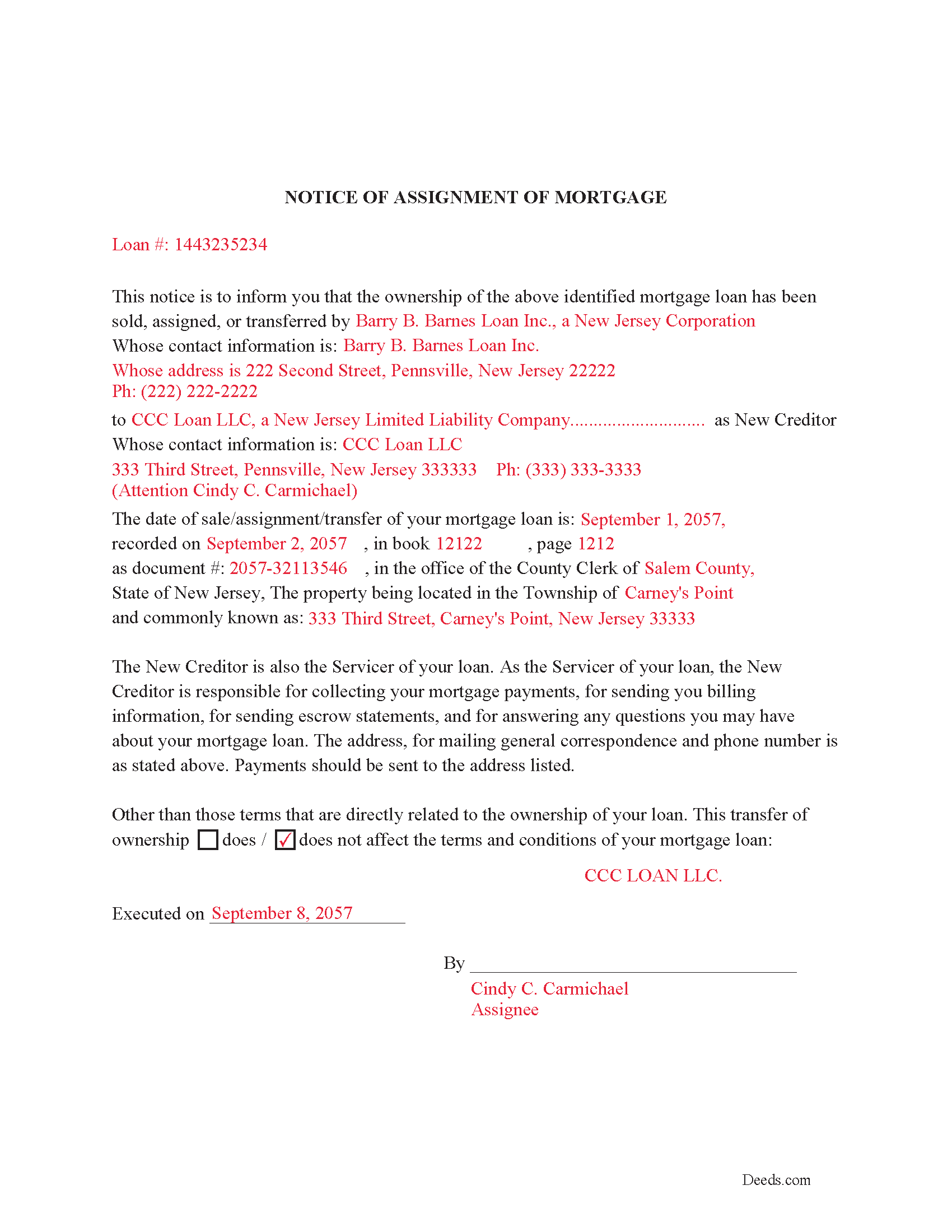Cumberland County Completed Example of Notice of Assignment Document