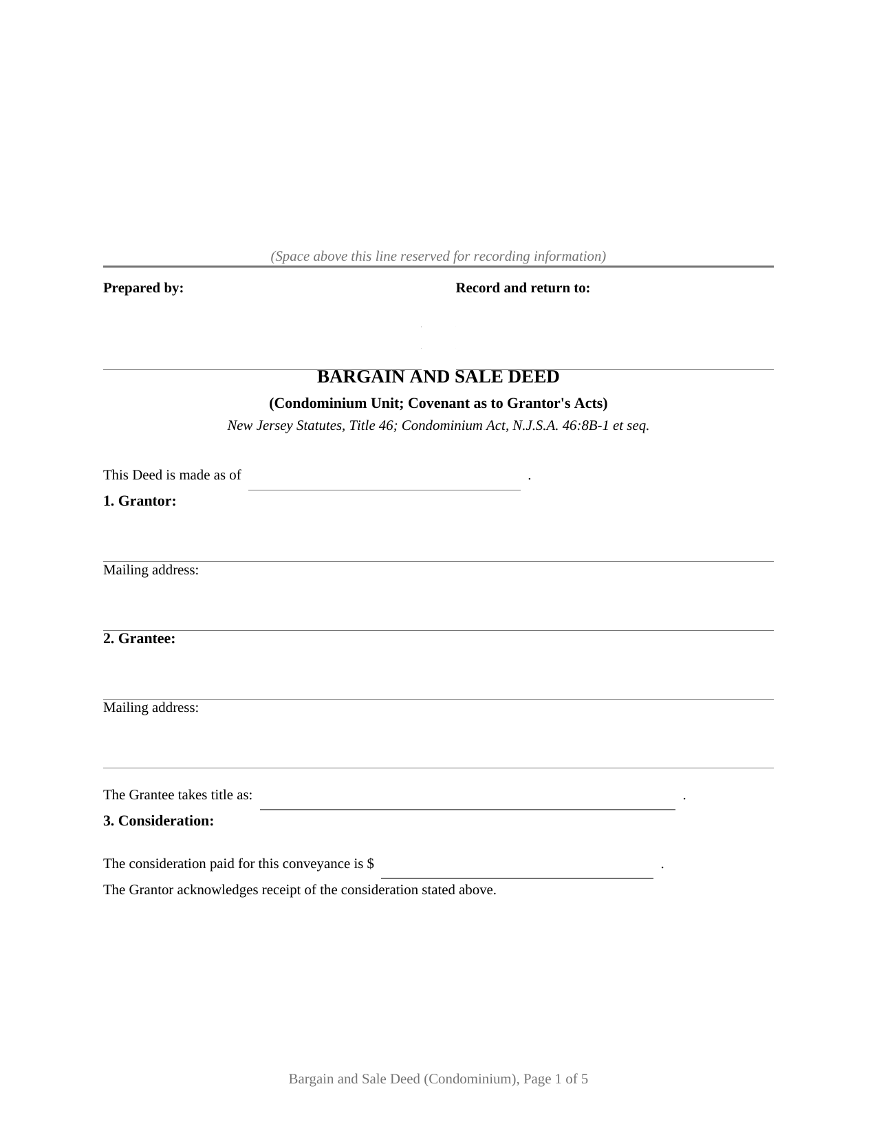 Salem County Bargain and Sale Deed Condominium Form
