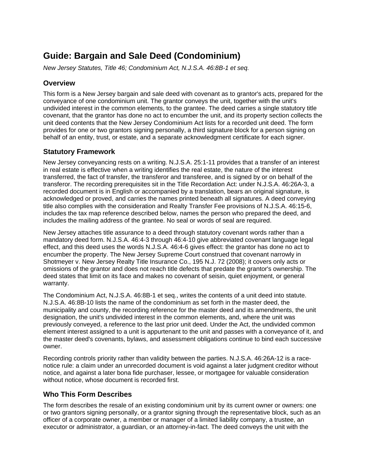Salem County Bargain and Sale Deed Condominium Guide