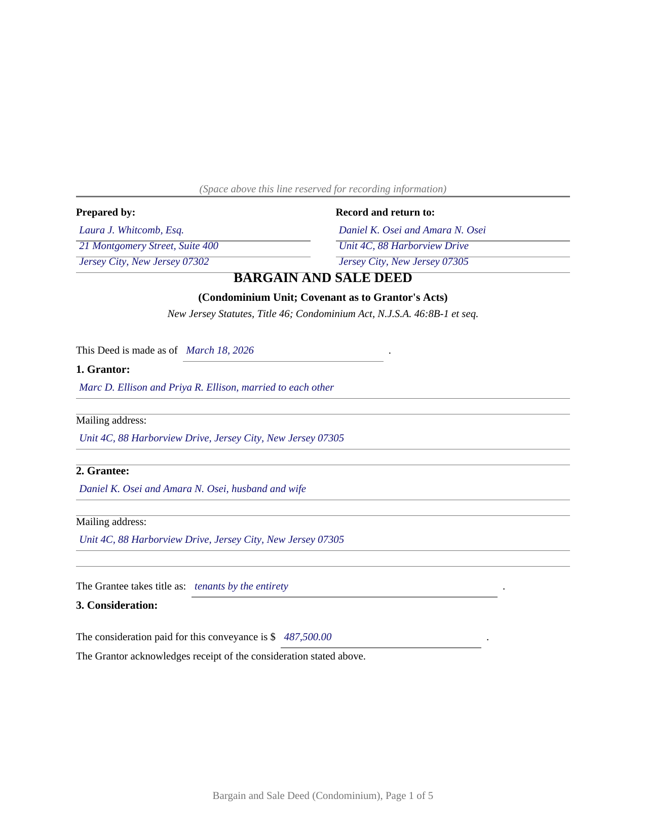 Salem County Completed Example of the Bargain and Sale Deed Condominium Document