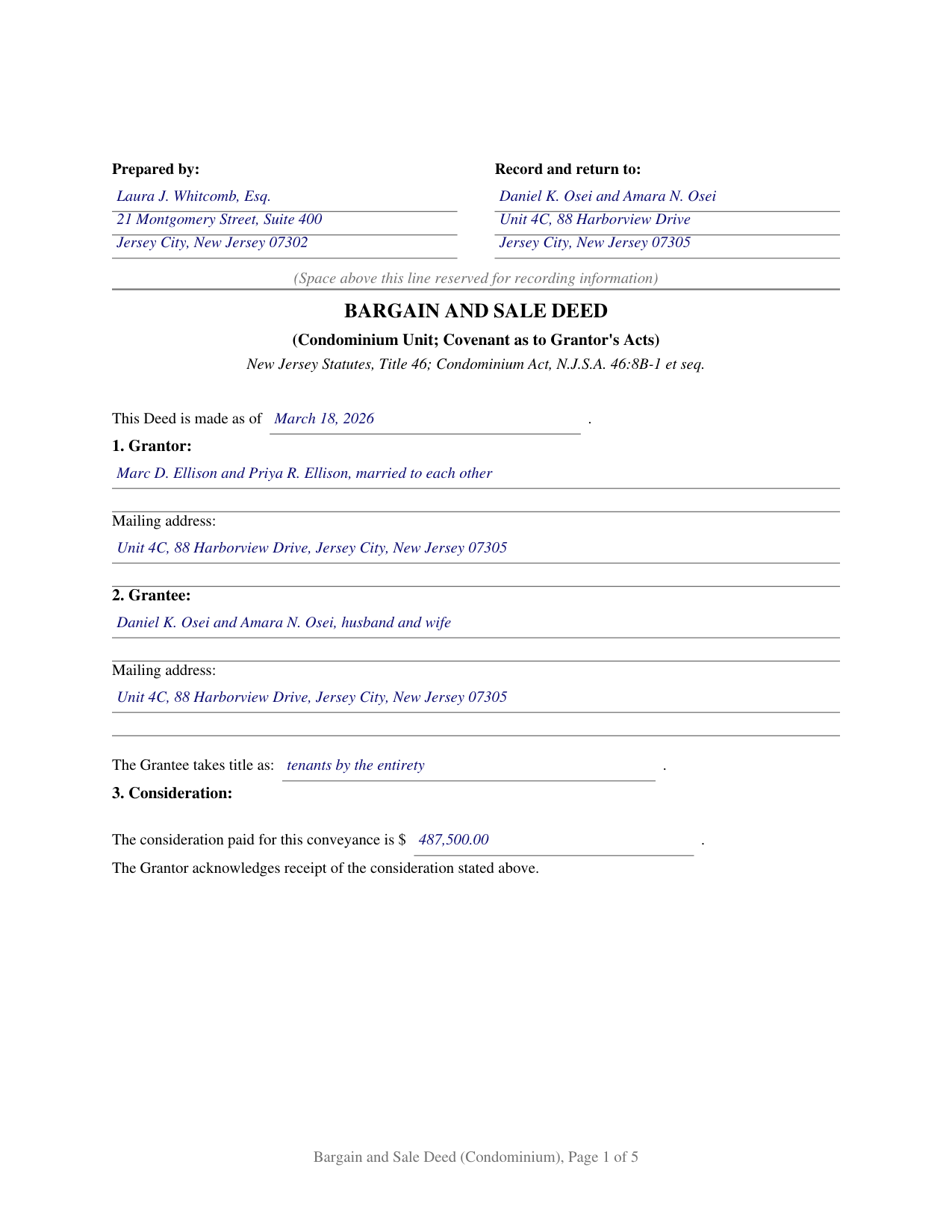 Sussex County Completed Example of the Bargain and Sale Deed (Condominium) Document