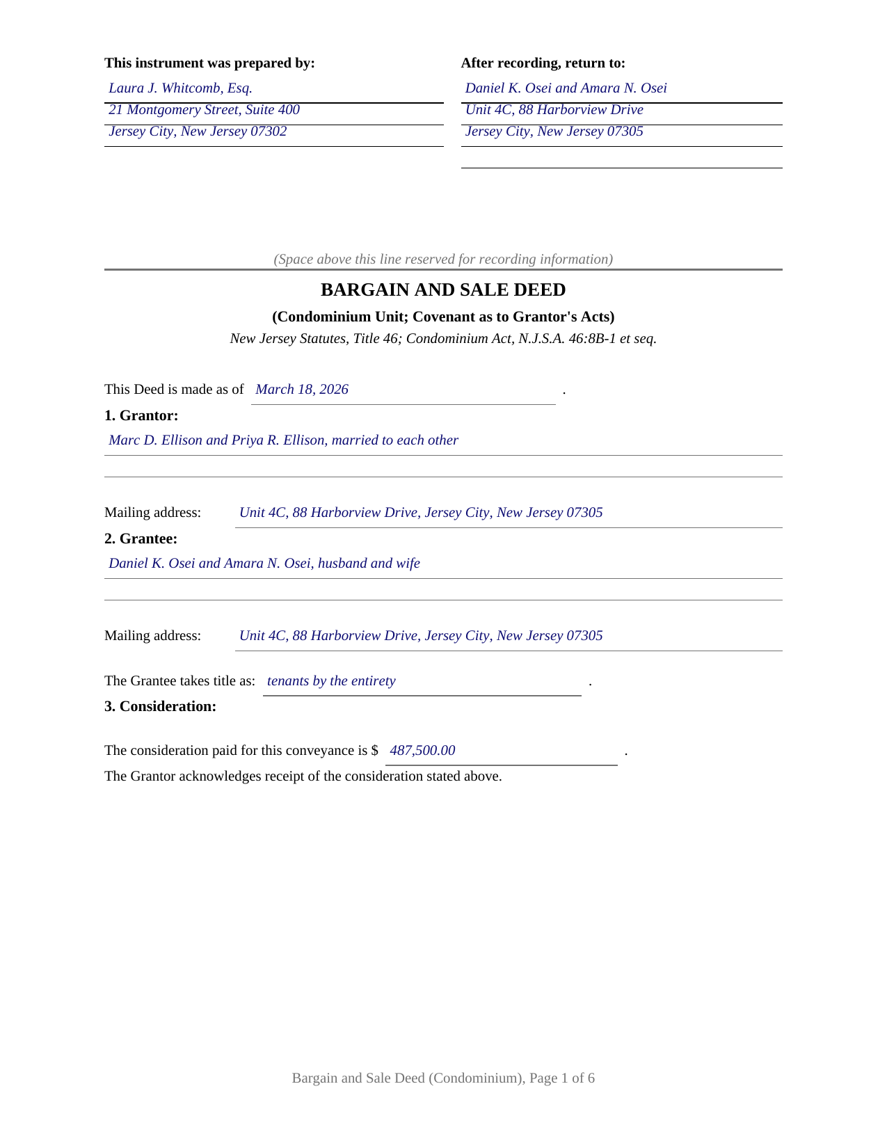 Monmouth County Completed Example of the Bargain and Sale Deed (Condominium) Document