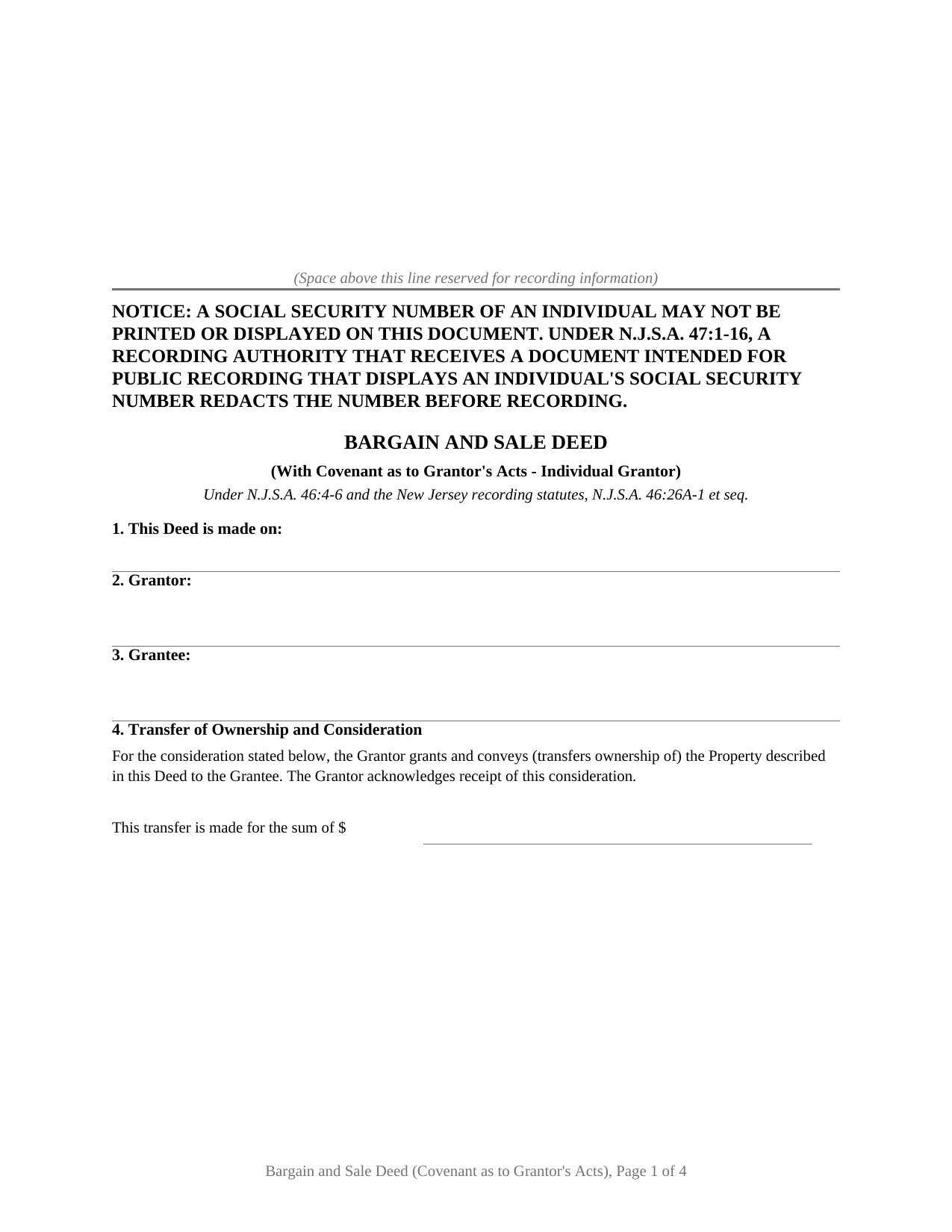 Cape May County Bargain and Sale Deed with Covenant Against Grantors Acts (Individual) Form