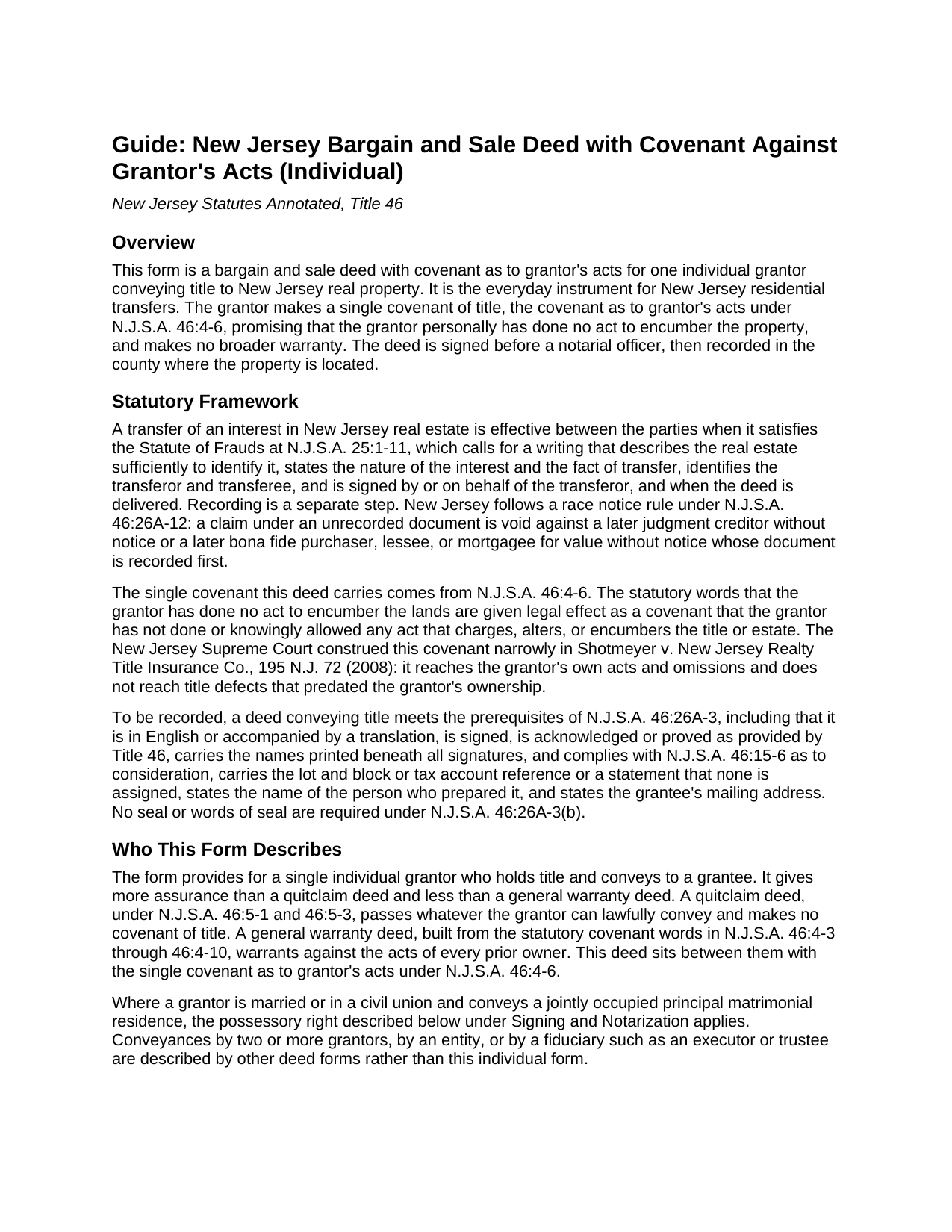 Cape May County Bargain and Sale Deed with Covenant Against Grantors Acts (Individual) Guide