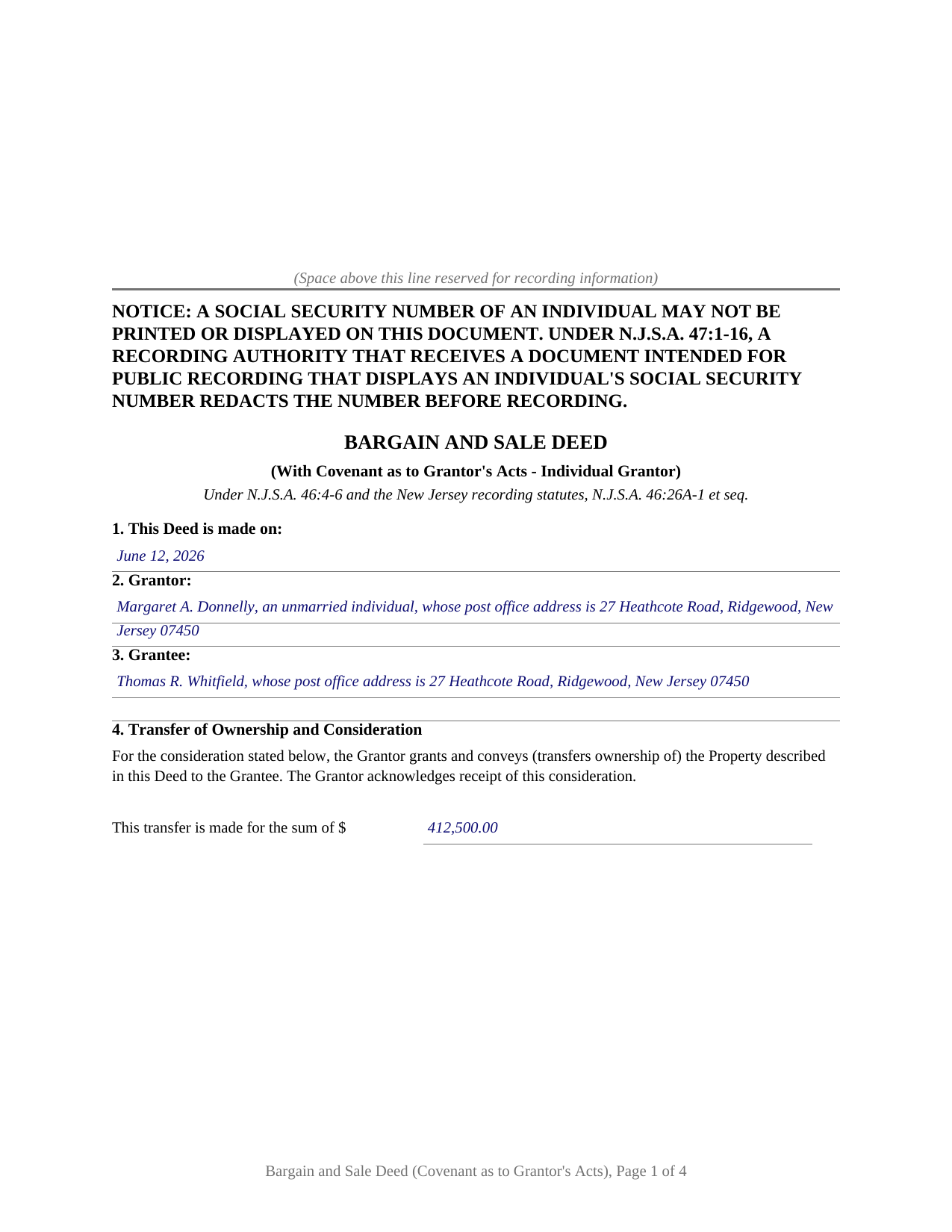 Cape May County Completed Example of the Bargain and Sale Deed with Covenant Against Grantors Acts (Individual) Document