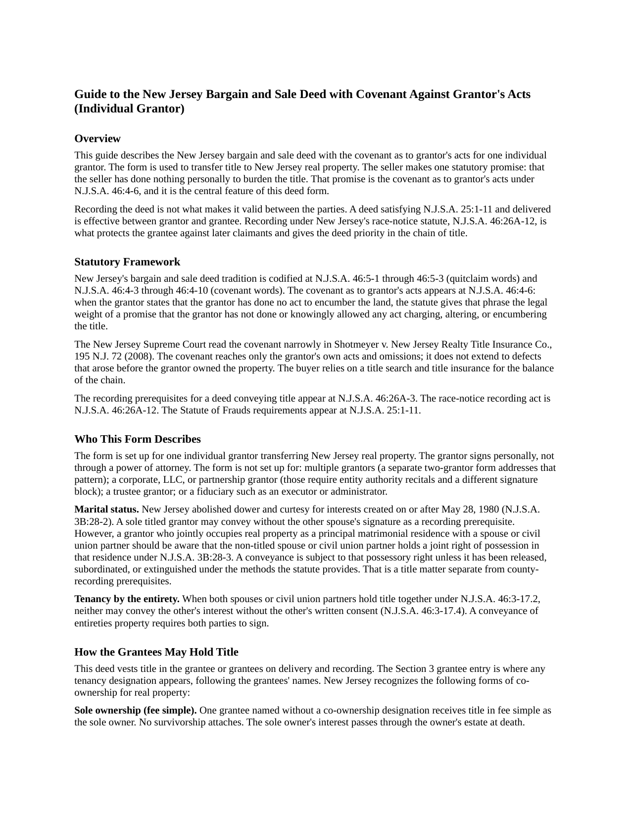 Ocean County Bargain and Sale Deed with Covenant Against Grantors Acts (Individual) Guide