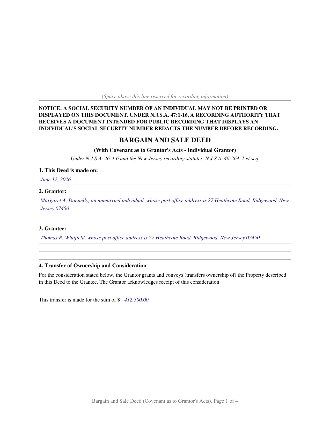 Ocean County Completed Example of the Bargain and Sale Deed with Covenant Against Grantors Acts (Individual) Document