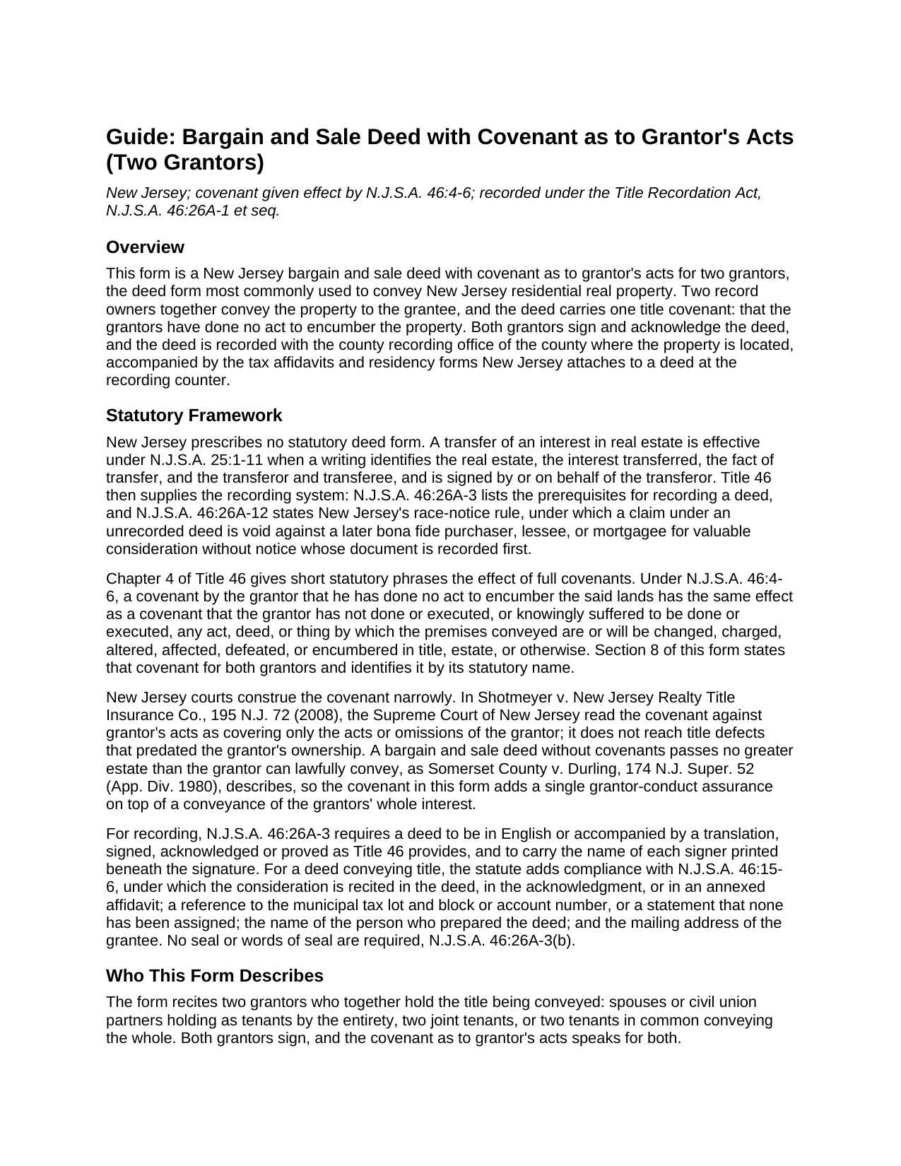 Morris County Bargain and Sale Deed with Covenant (Two Grantors) Guide