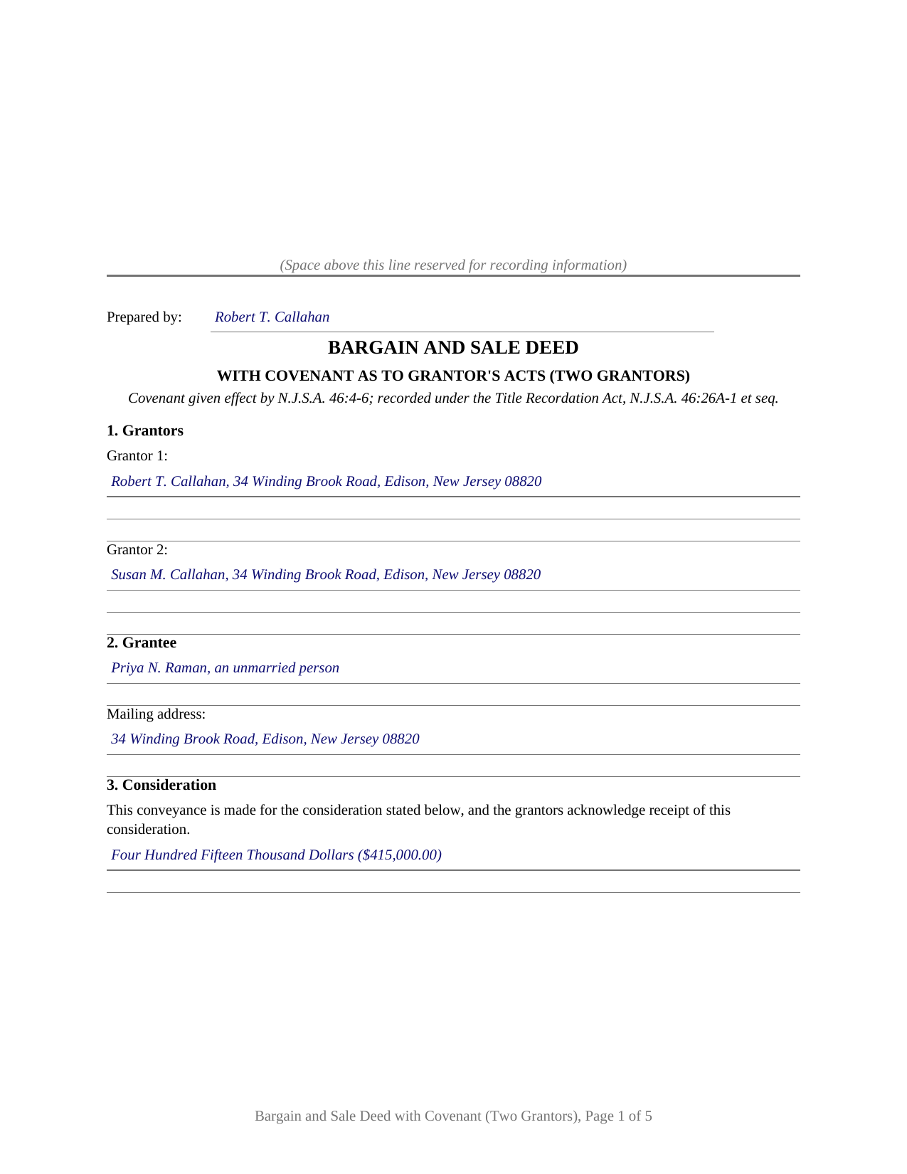 Morris County Completed Example of the Bargain and Sale Deed with Covenant (Two Grantors) Document