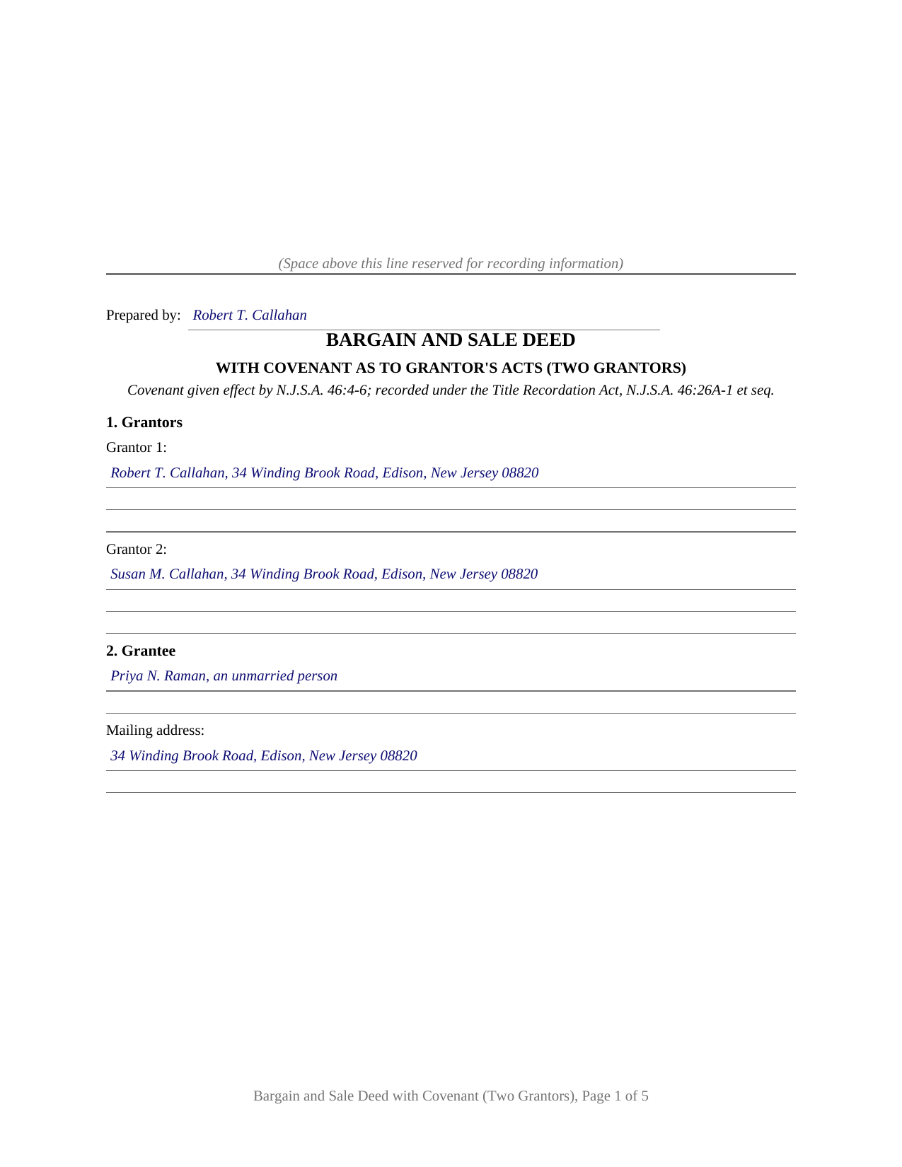 Ocean County Completed Example of the Bargain and Sale Deed with Covenant (Two Grantors) Document