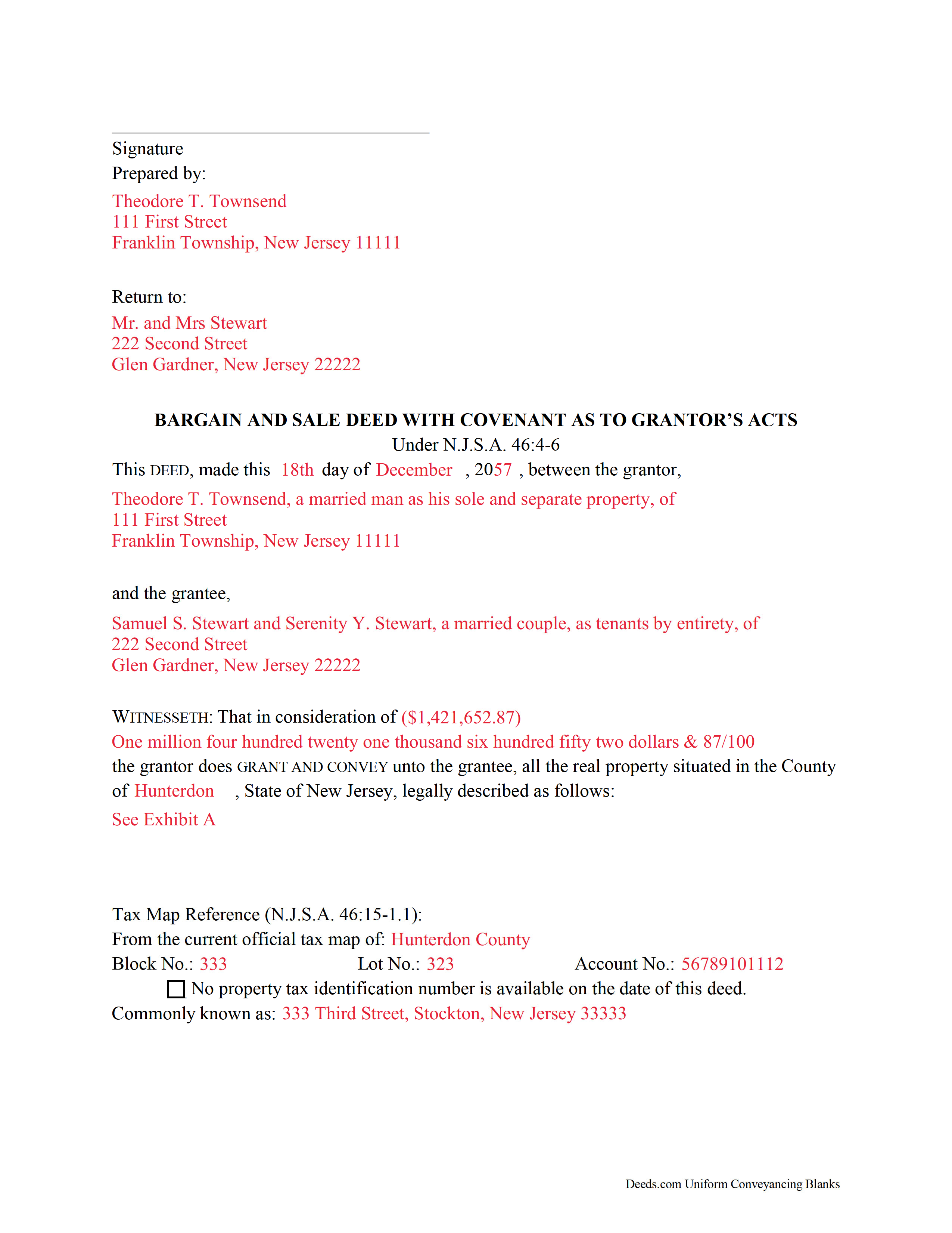 Completed Example of the Bargain and Sale Deed Document