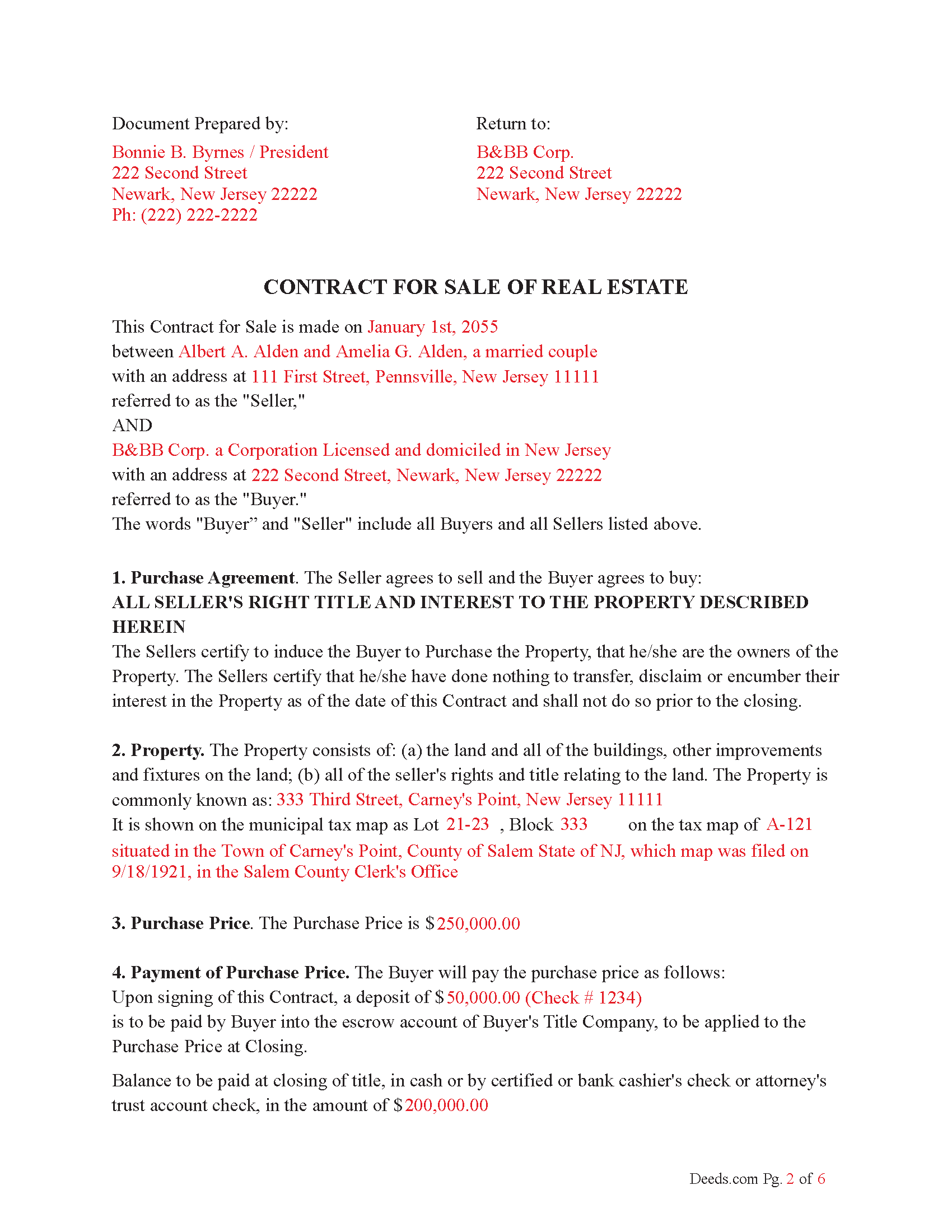Camden County Completed Example of the Contract for Sale of Real Estate Document