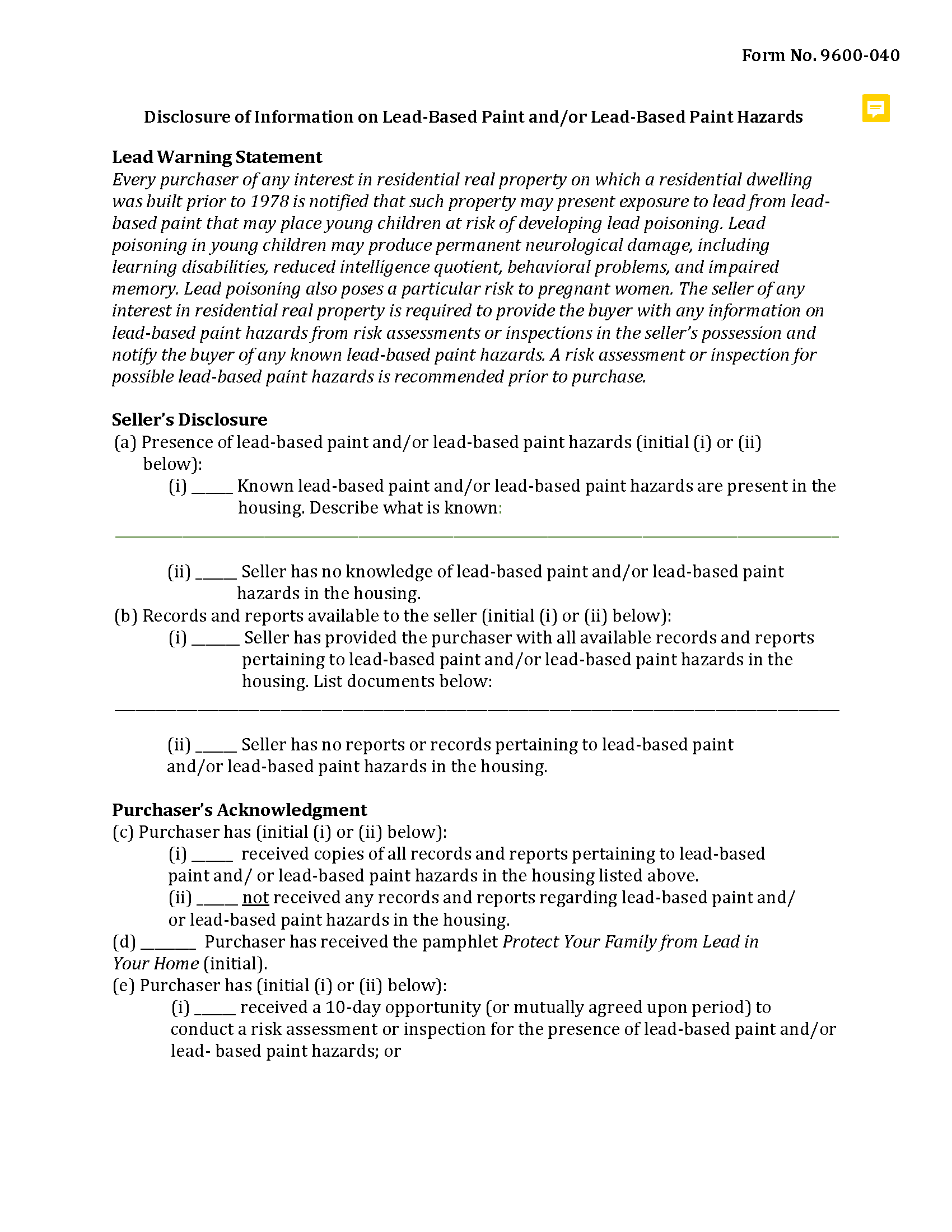 Sussex County Lead Based Paint Disclosure Form