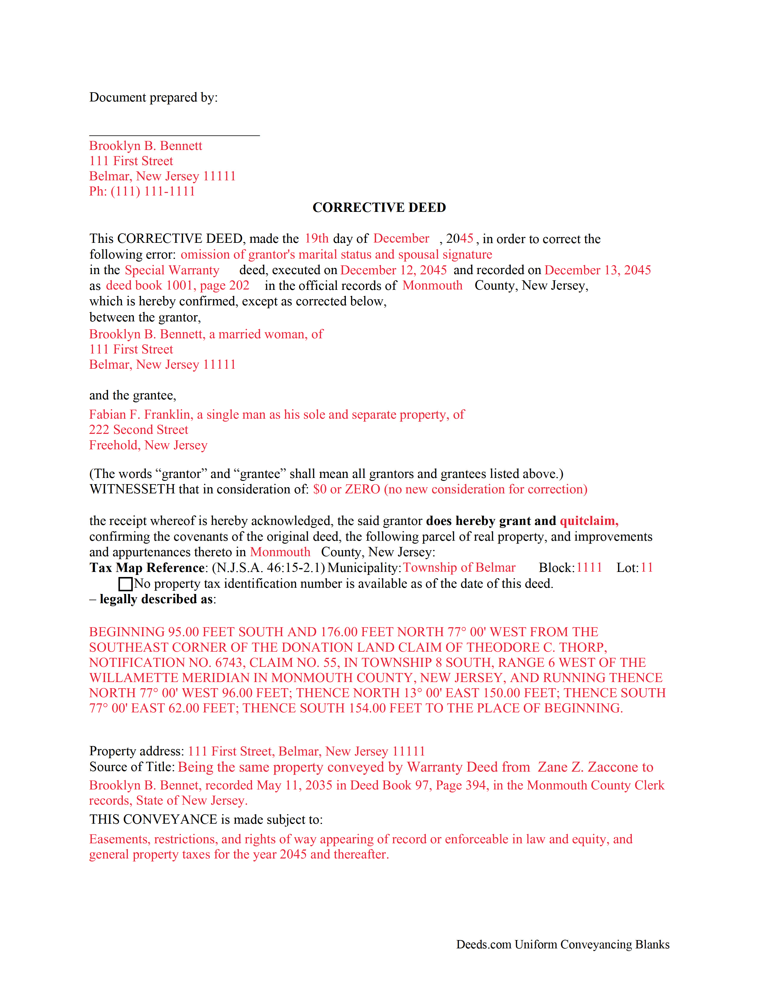 Cumberland County Completed Example of the Correction Deed Form