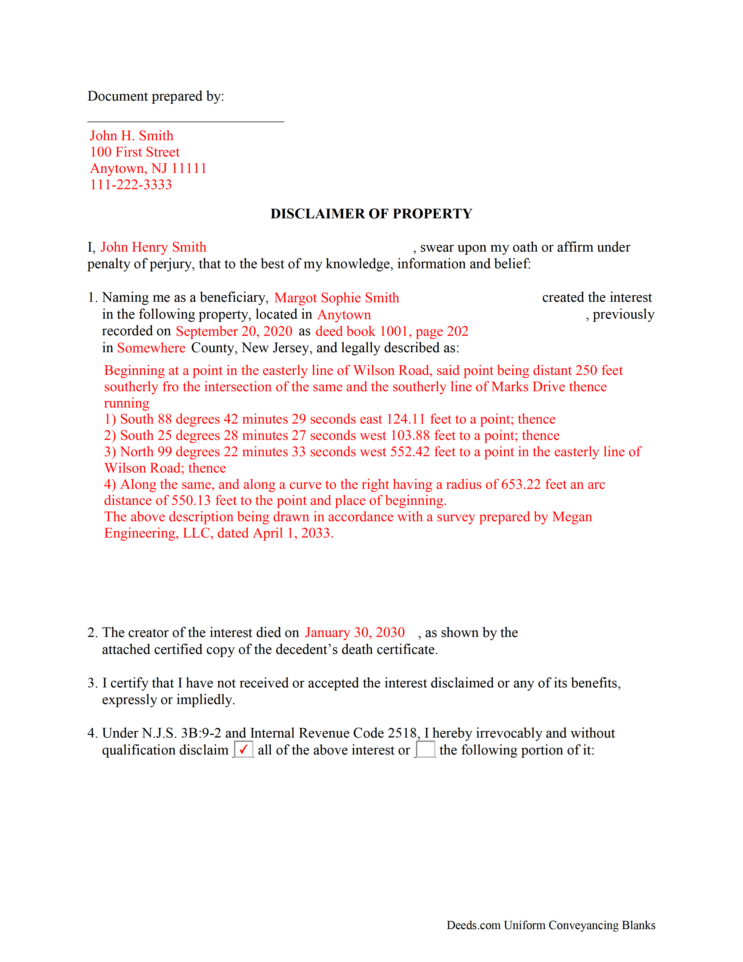 Cumberland County Completed Example of the Disclaimer of Interest Document