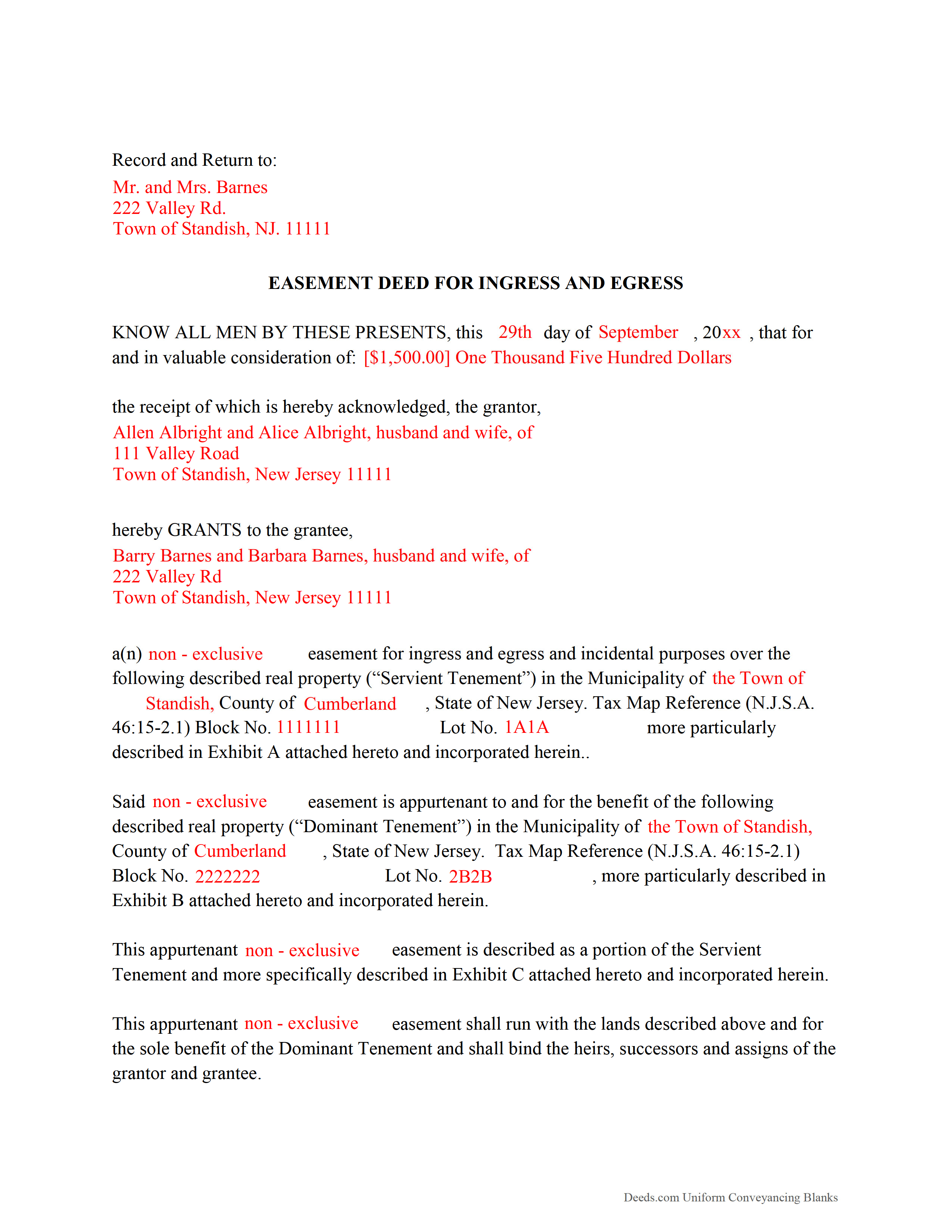 Completed Example of the Easement Deed Document