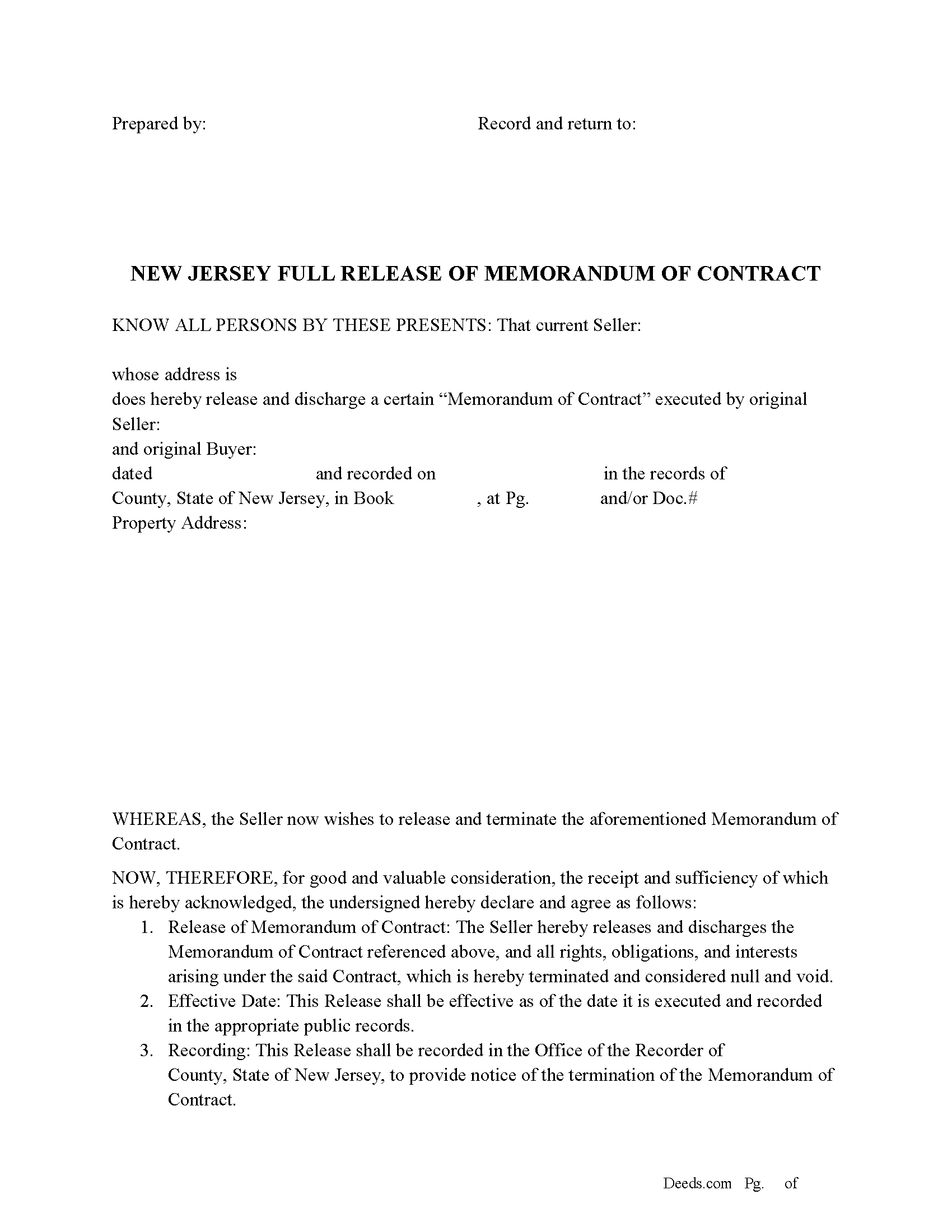 Cumberland County Full Release of Memorandum of Contract Form