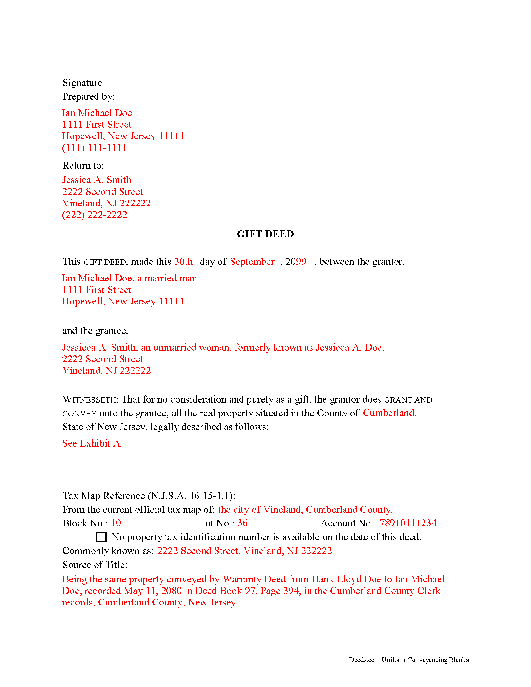 Ocean County Completed Example of the Gift Deed Document
