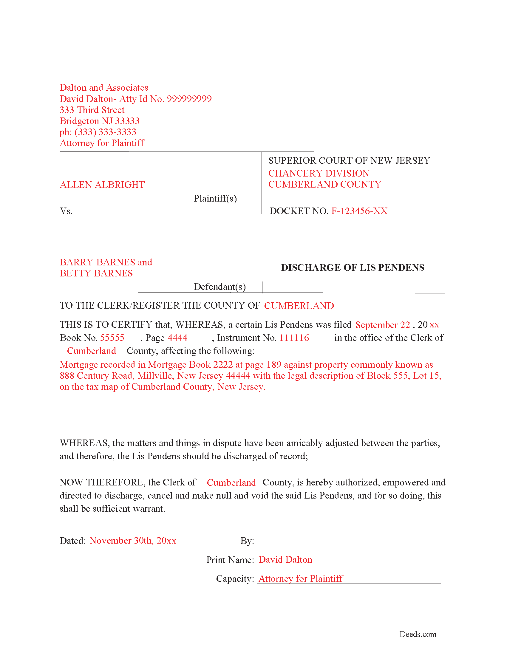 Cumberland County Completed Example of the Discharge of Lis Pendens Document