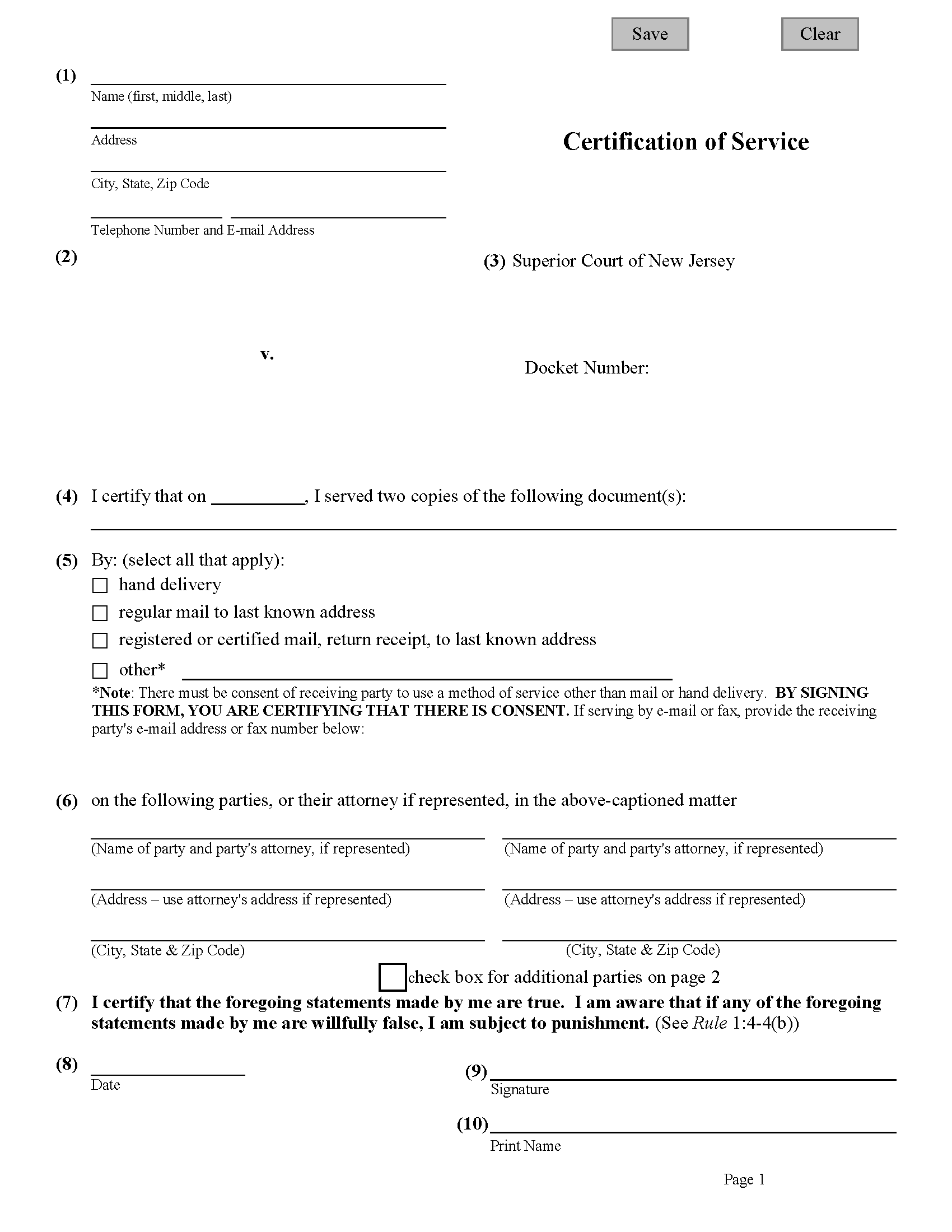 Certificate of Service Form