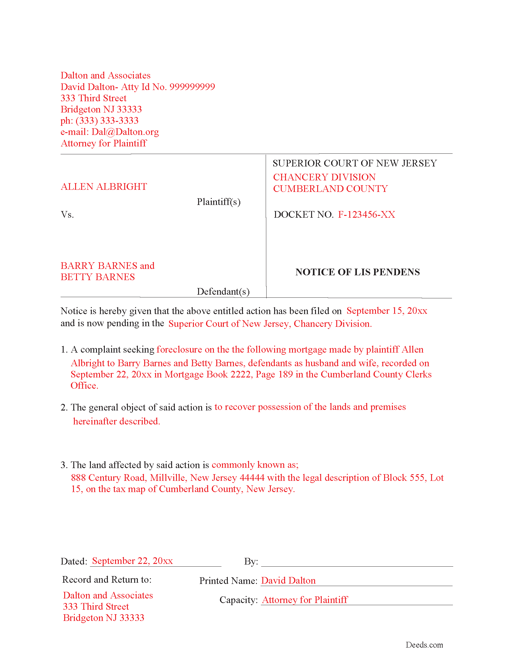 Completed Example of the Lis Pendens Document