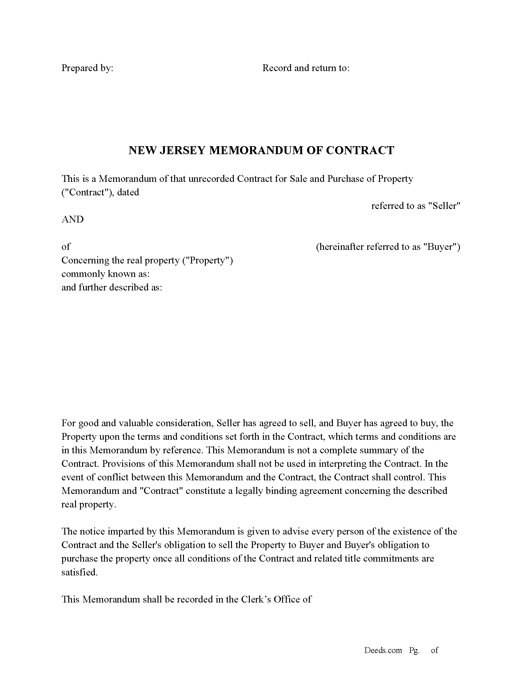 Cumberland County Memorandum of Contract Form