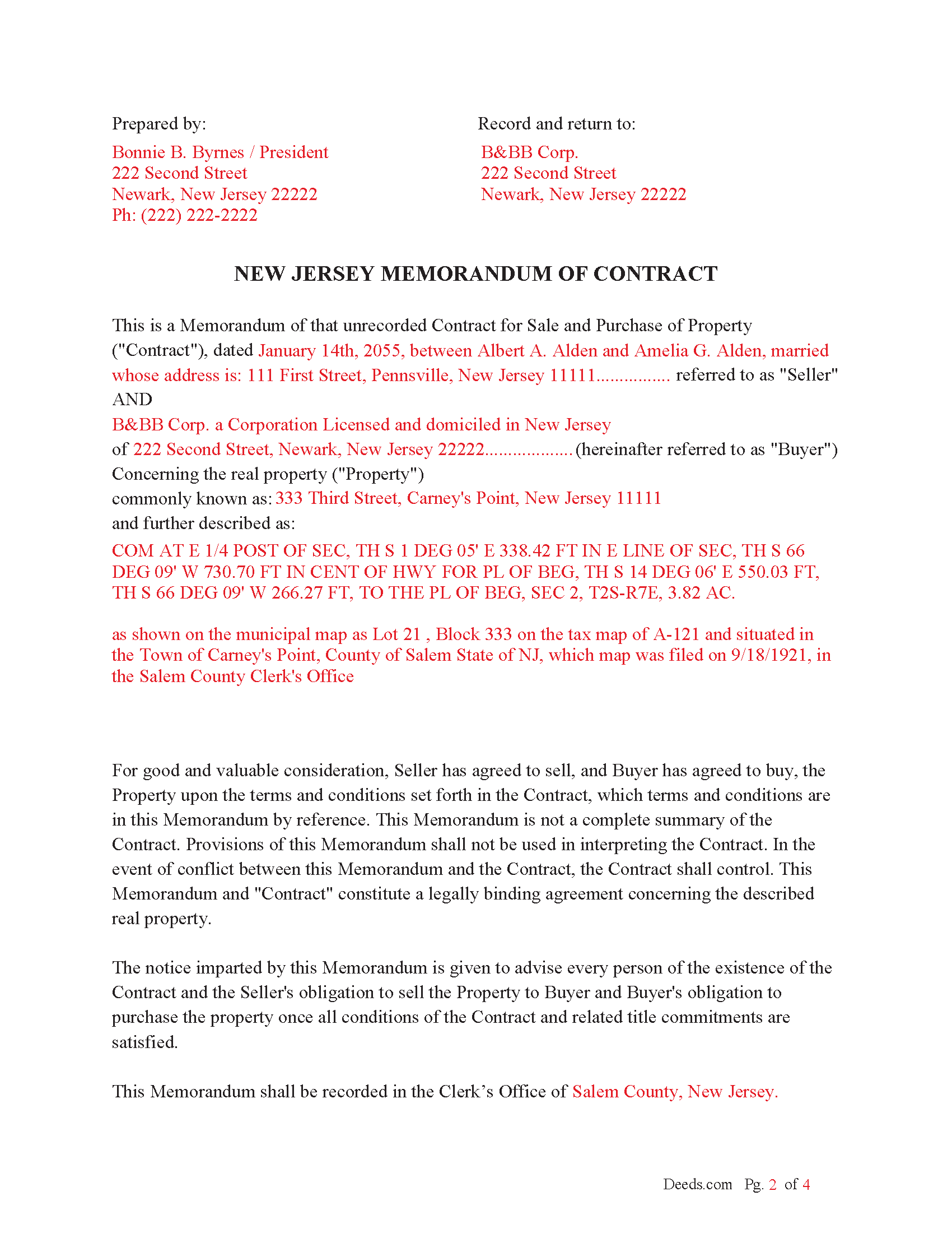 Cumberland County Completed Example of the Memorandum of Contract Document