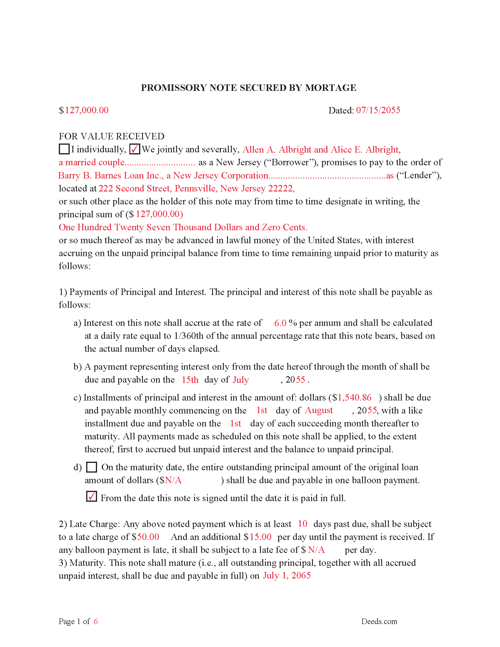 Completed Example of the Promissory Note Document