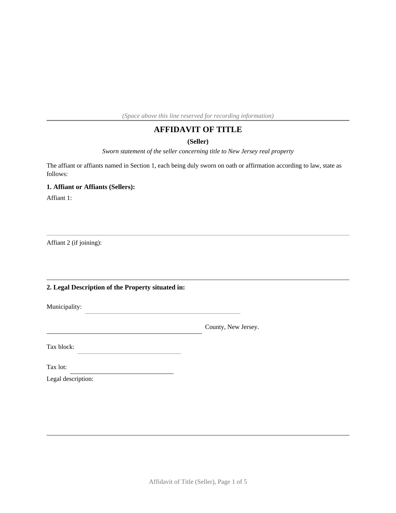 New Jersey Affidavit of Title (Seller)