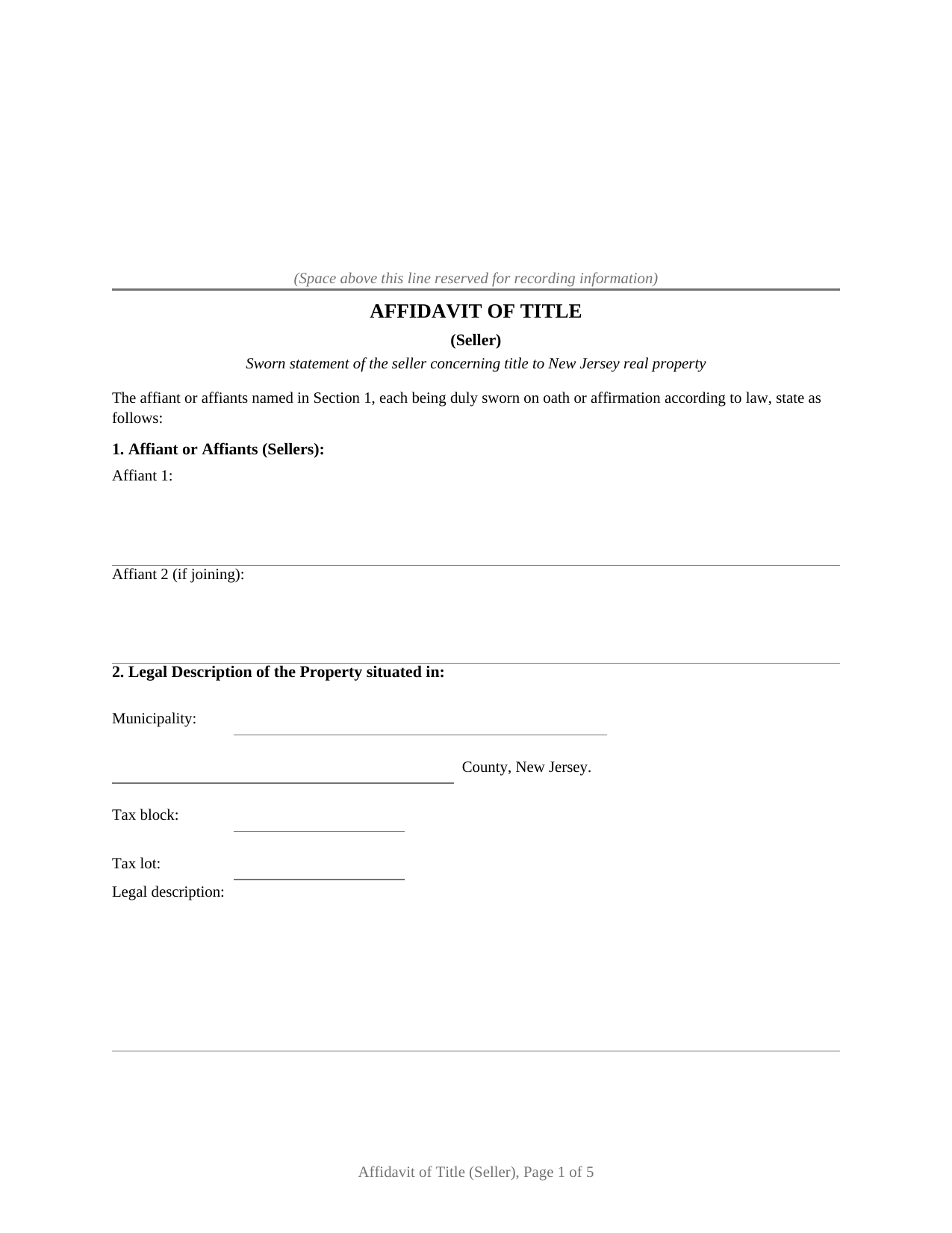 New Jersey Affidavit of Title (Seller)