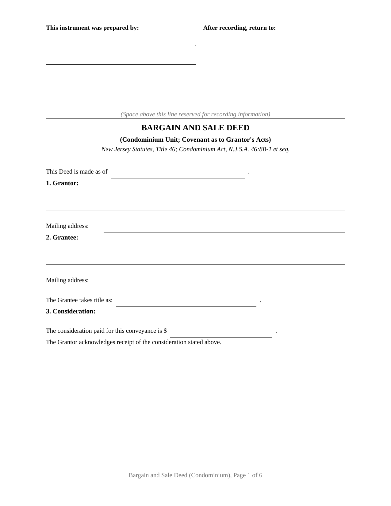 New Jersey Bargain and Sale Deed (Condominium)