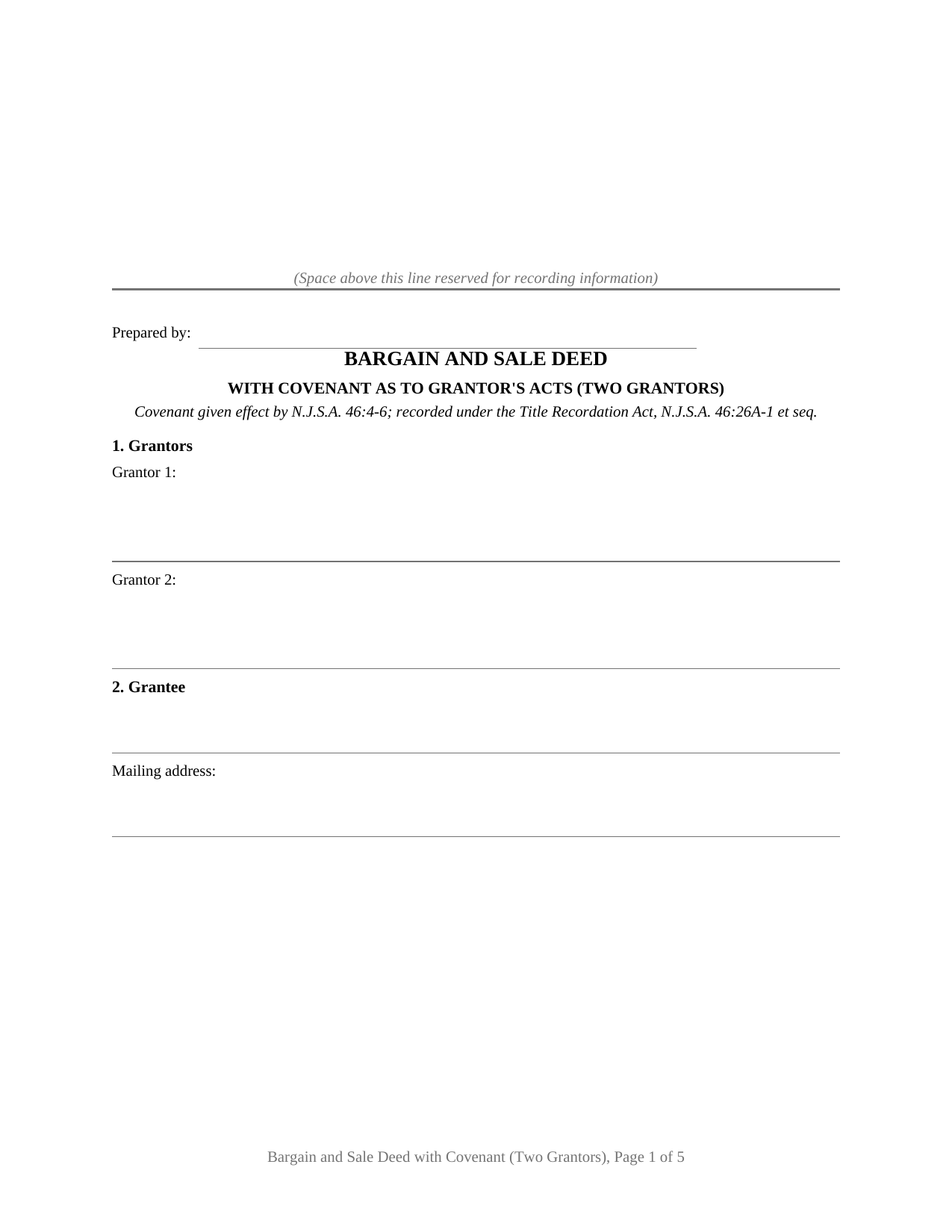 New Jersey Bargain and Sale Deed with Covenant (Two Grantors)
