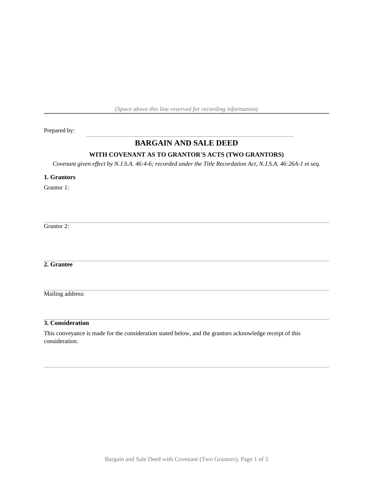 New Jersey Bargain and Sale Deed with Covenant (Two Grantors)