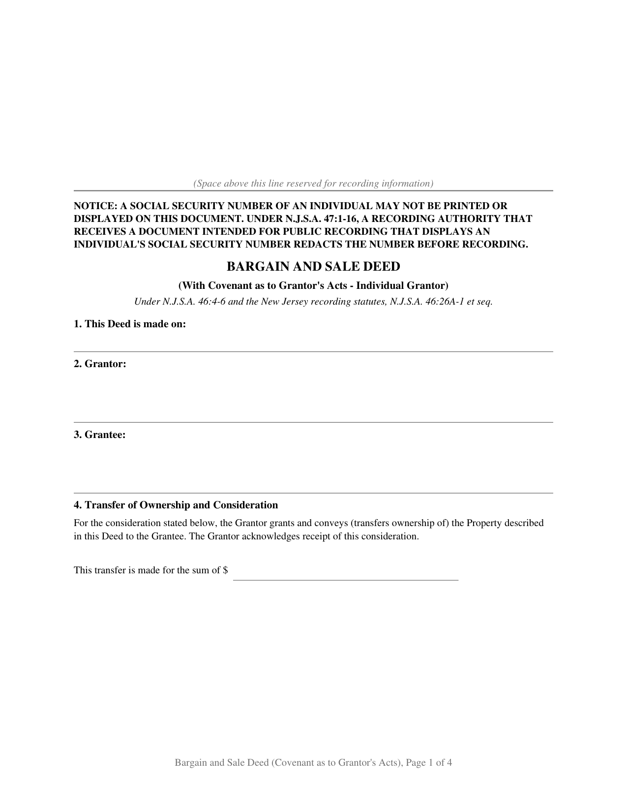 New Jersey Bargain and Sale Deed with Covenant Against Grantors Acts (Individual)