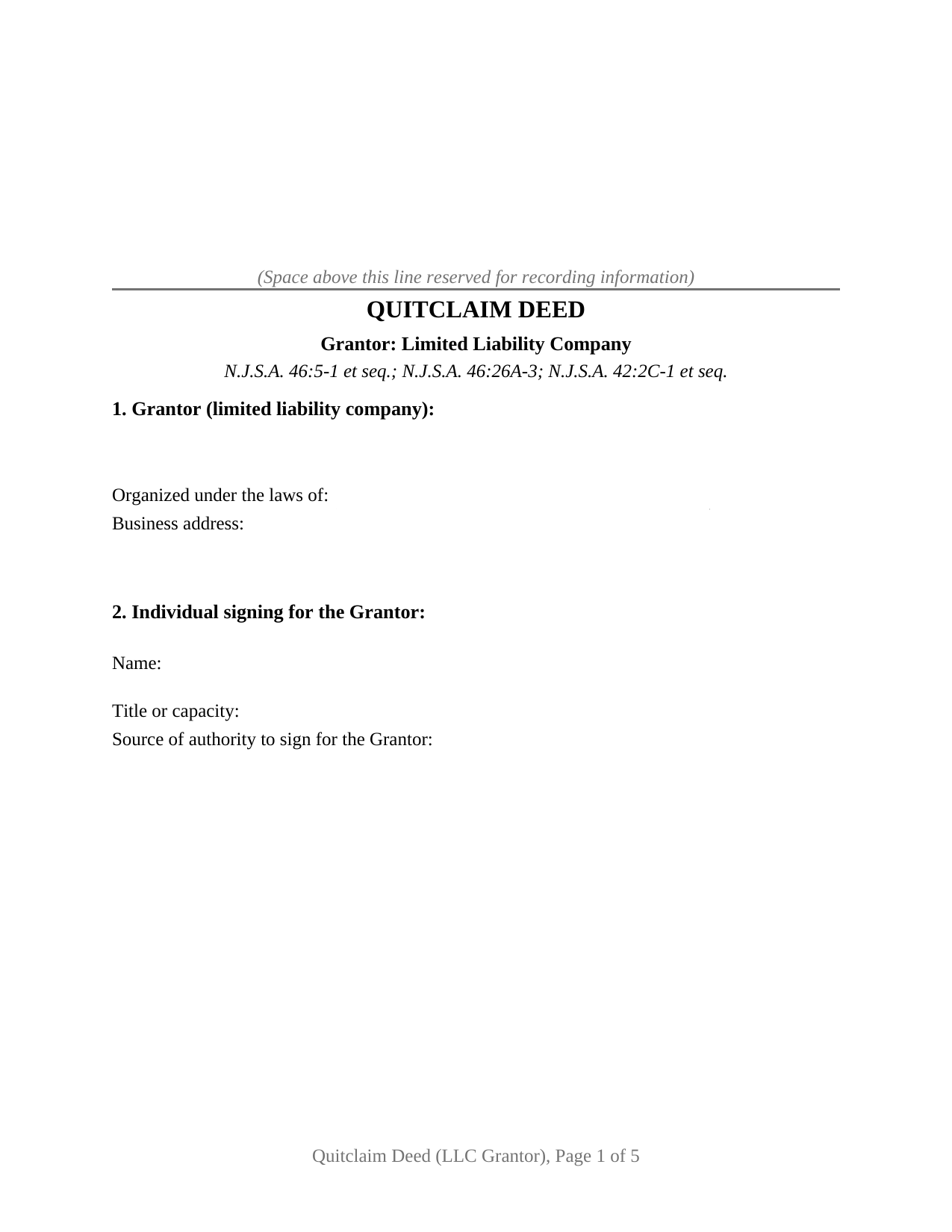 New Jersey Quitclaim Deed (LLC Grantor)