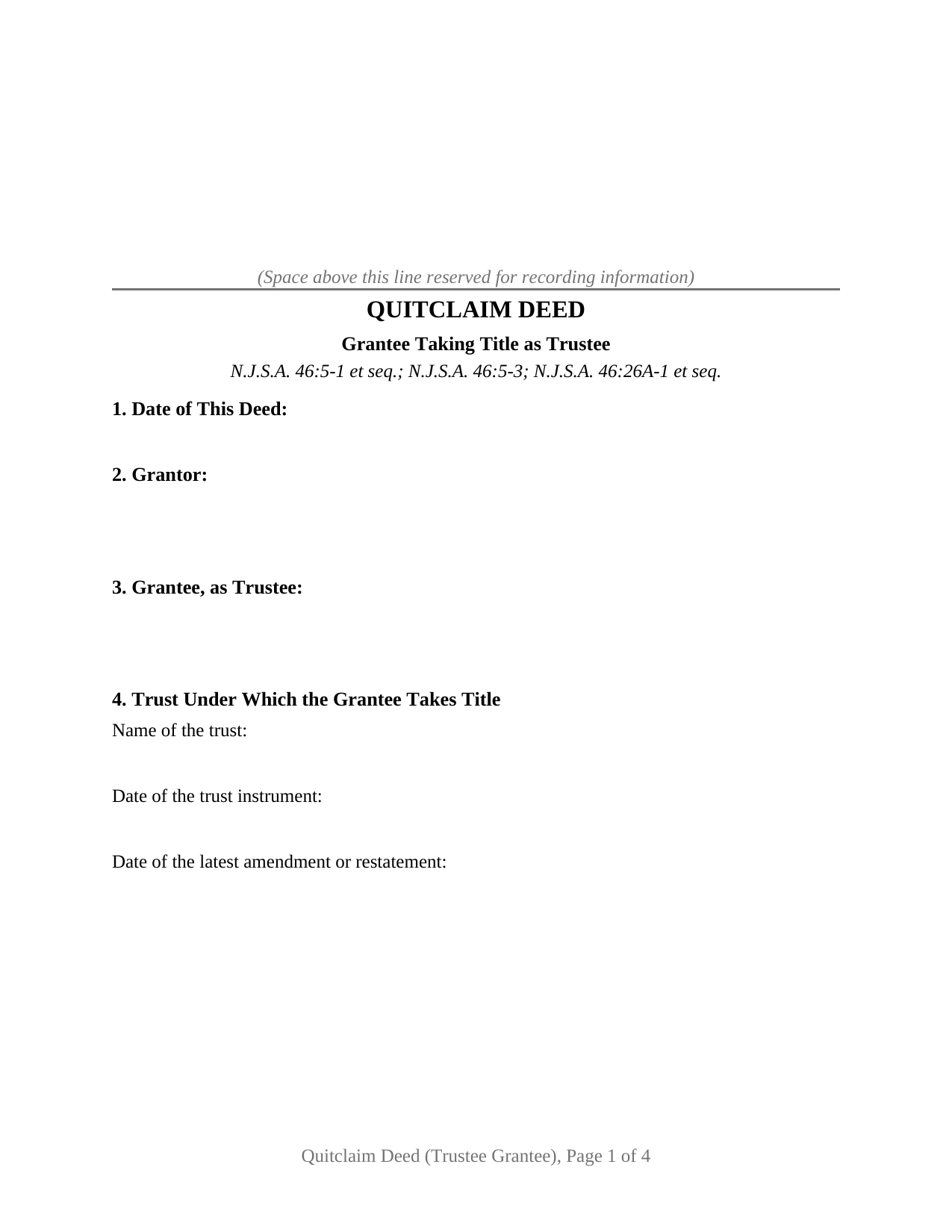 New Jersey Quitclaim Deed (Trustee Grantee)