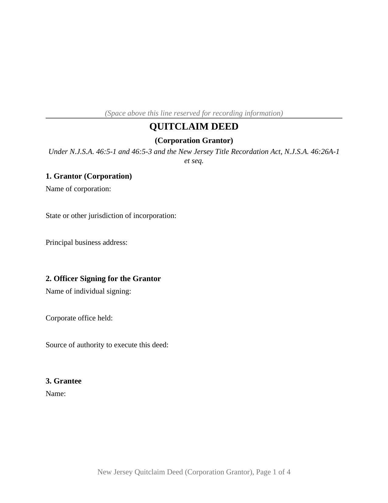 New Jersey Quitclaim Deed (Corporation Grantor)