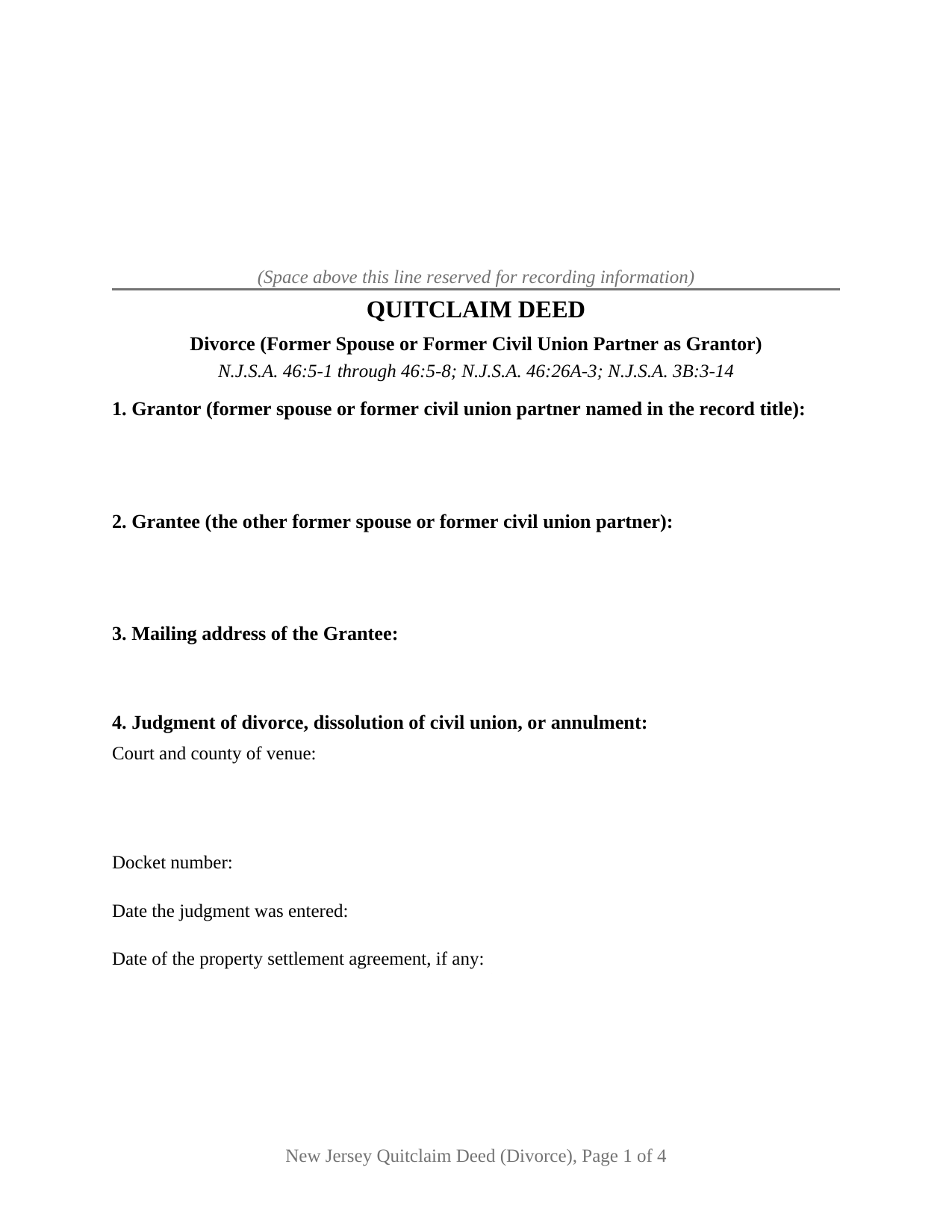 New Jersey Quitclaim Deed (Divorce)