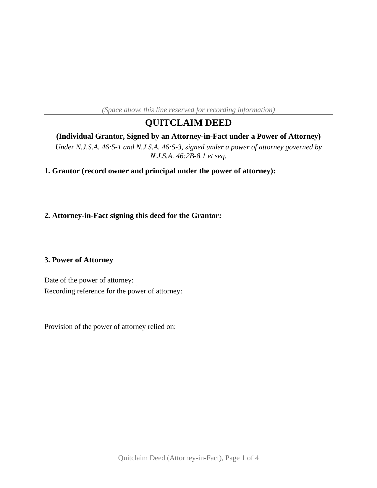 New Jersey Quitclaim Deed (Individual Grantor by Attorney-in-Fact)