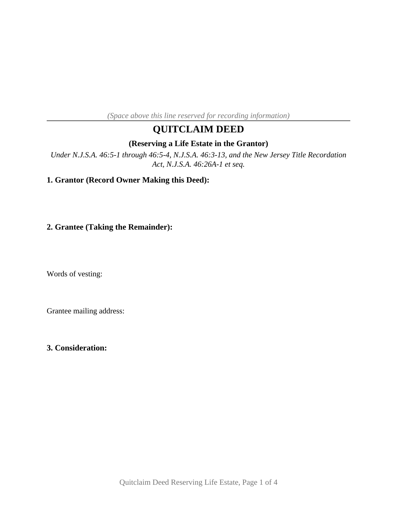 New Jersey Quitclaim Deed (Reserving Life Estate)