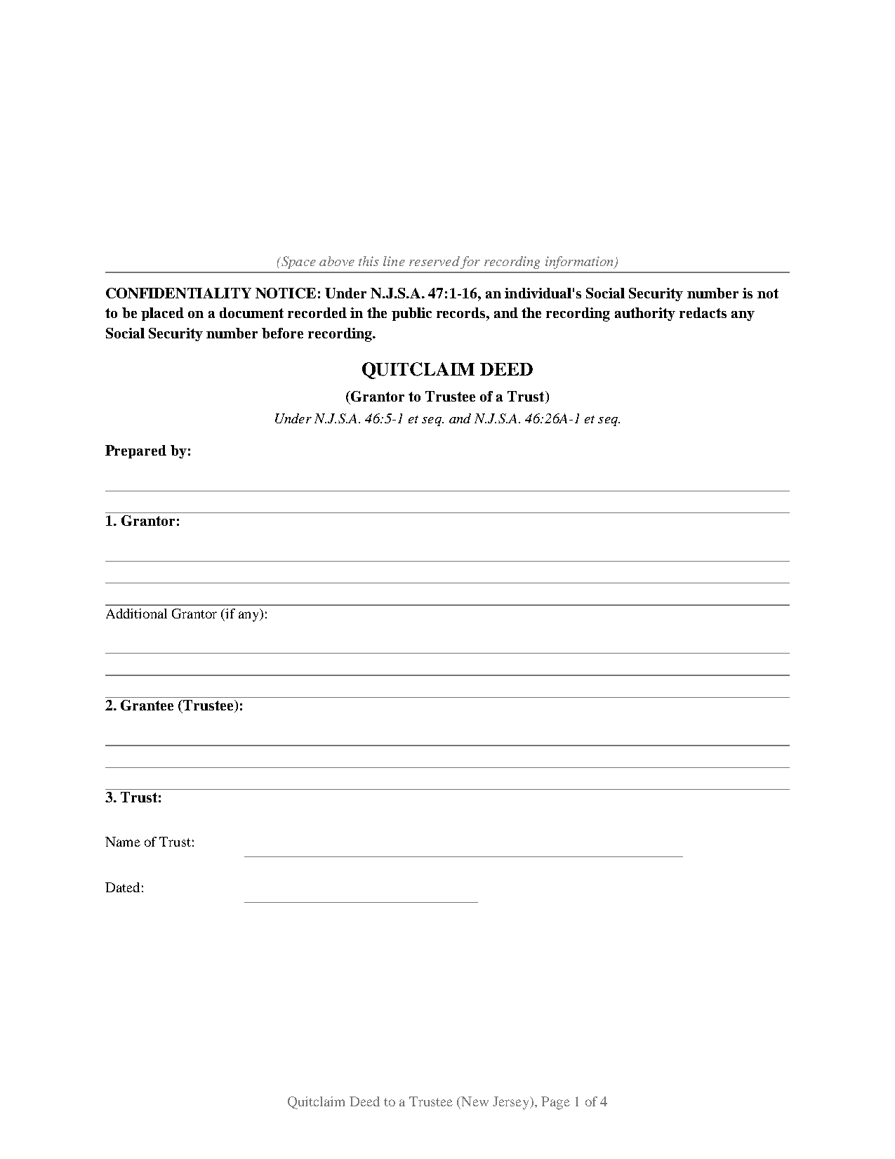 New Jersey Quitclaim Deed to a Trustee