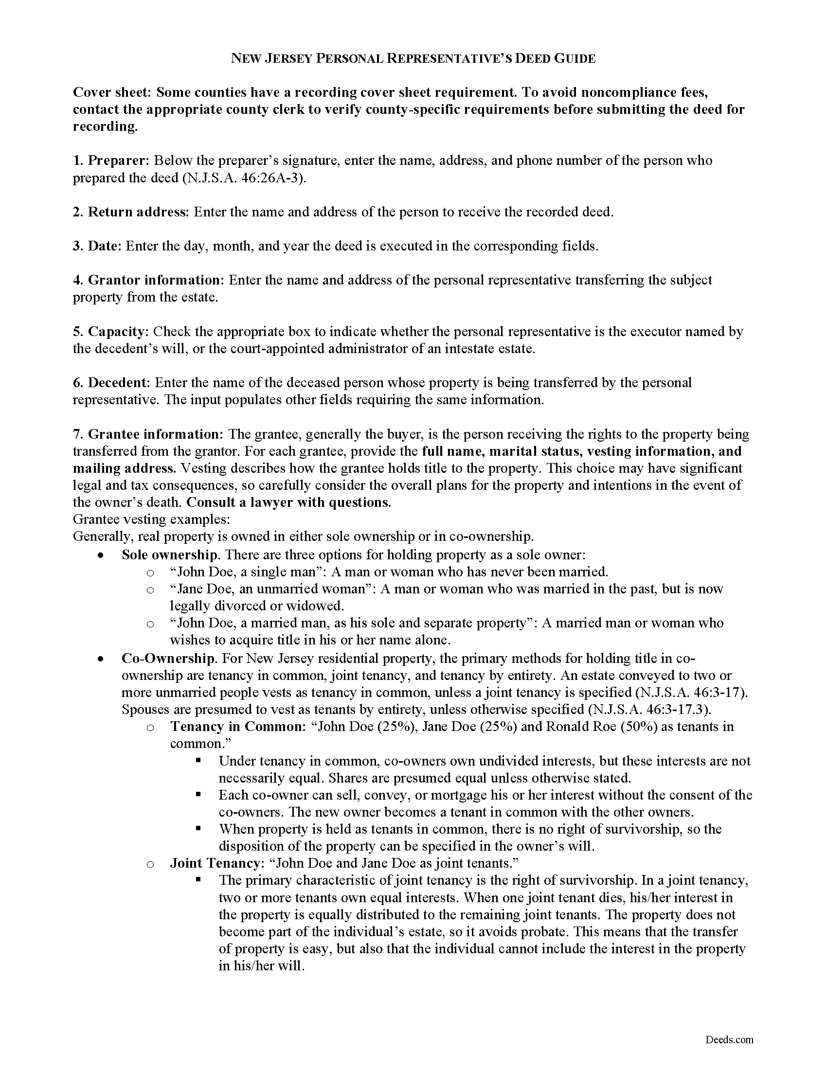 Passaic County Personal Representative Deed Guide