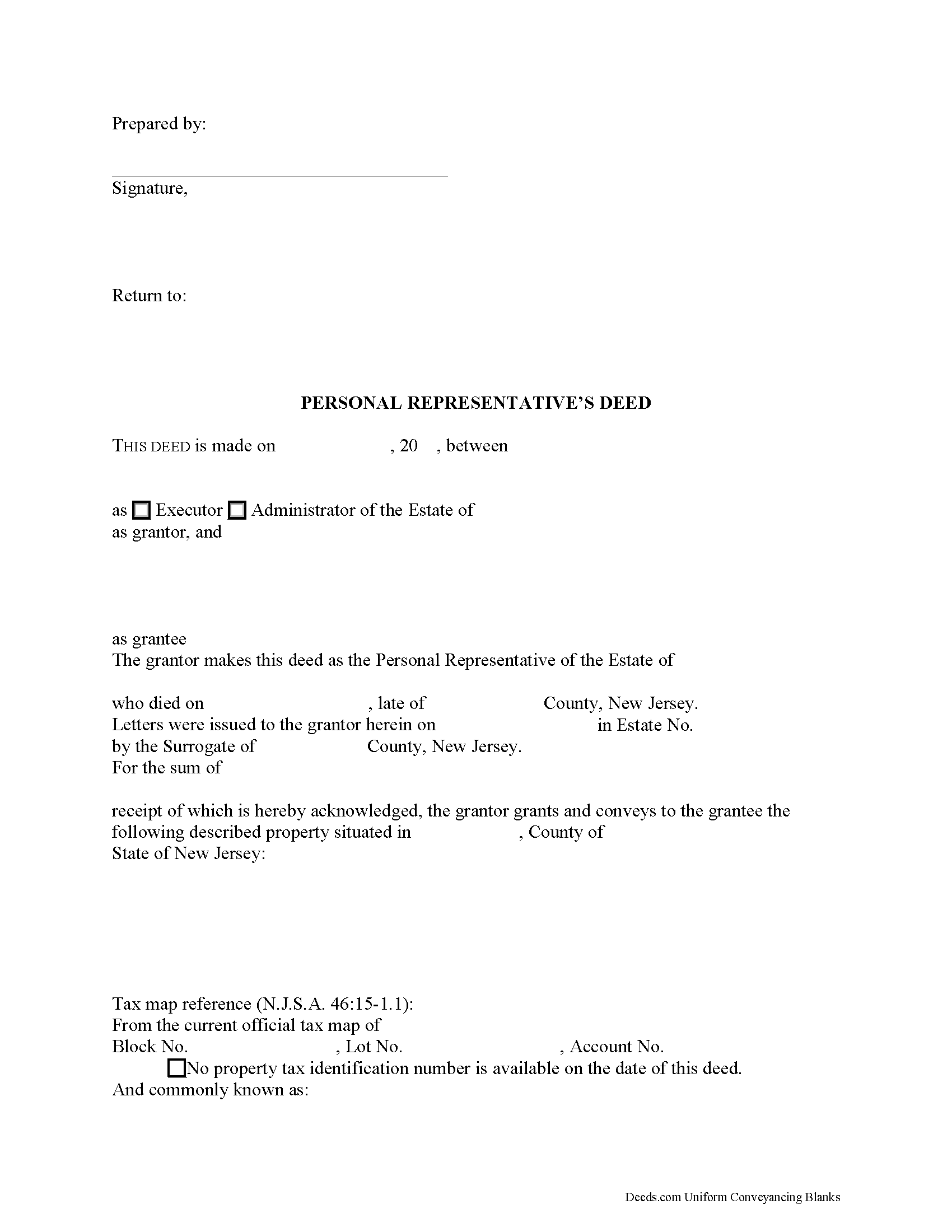 Passaic County Personal Representative Deed Form