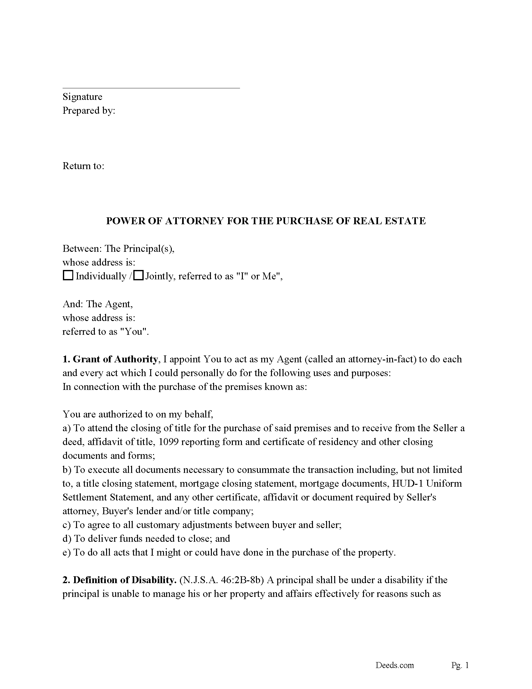 Cumberland County Specific Power of Attorney for the Purchase of Property Form