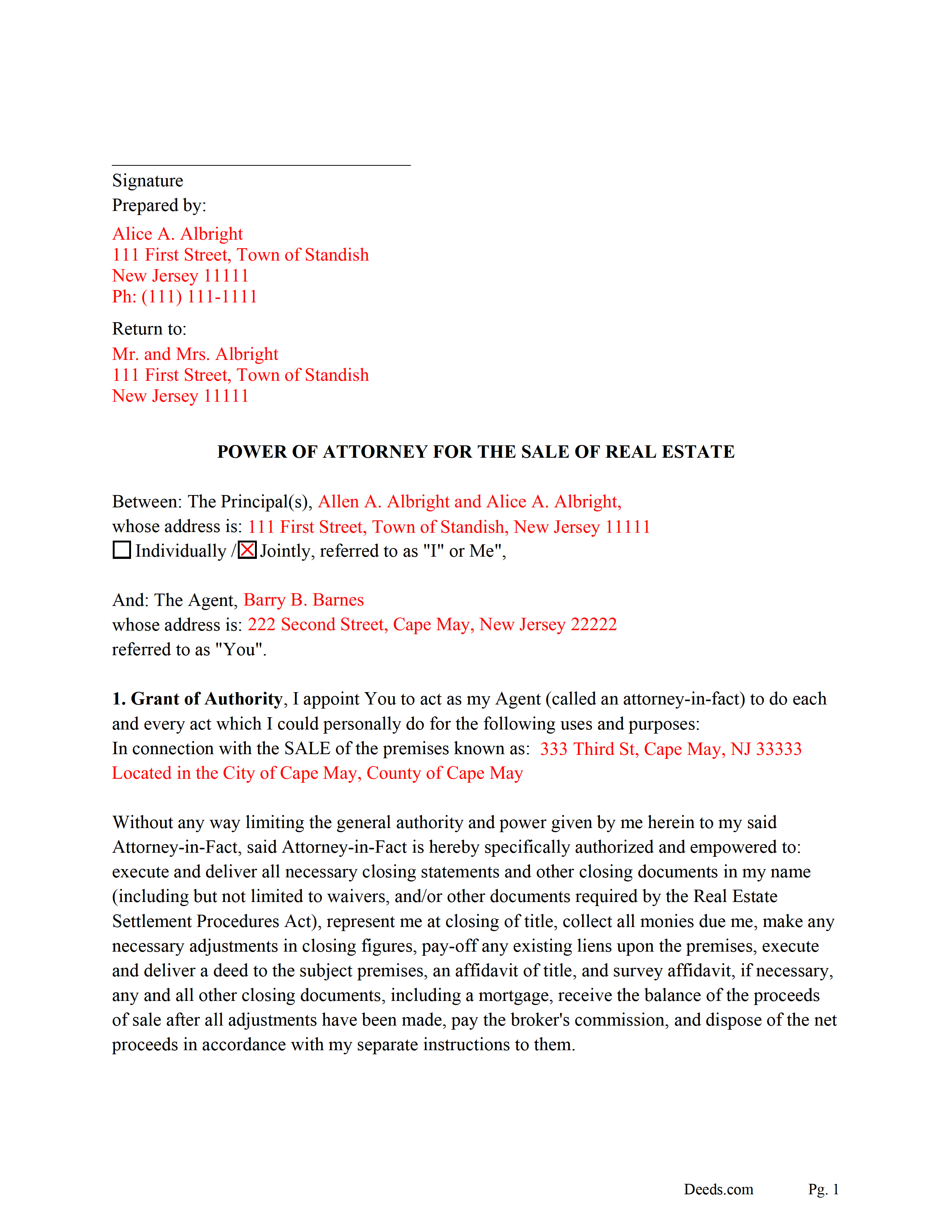 Cumberland County Completed Example of the Power of Attorney