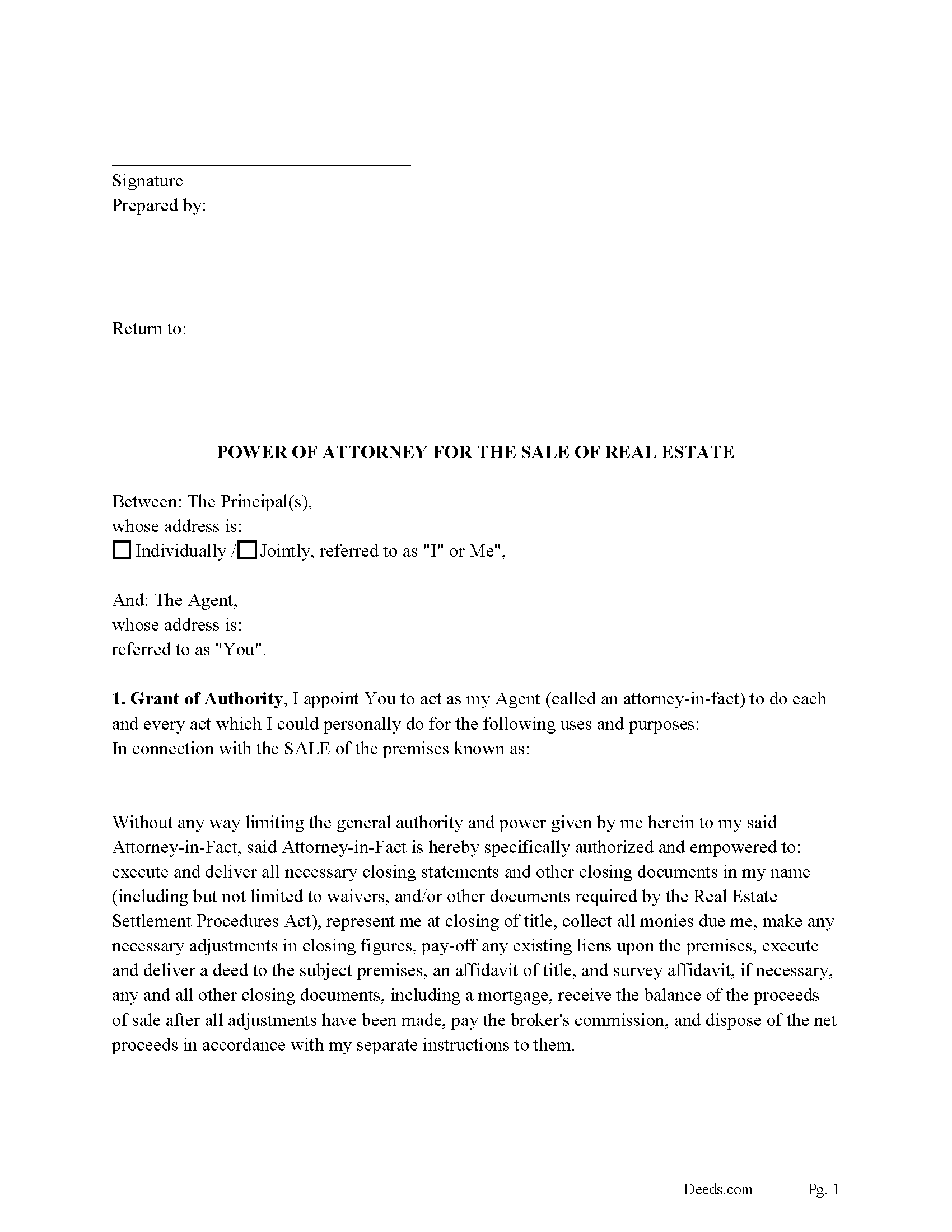 Cumberland County Specific Power of Attorney for the Sale of Property Form