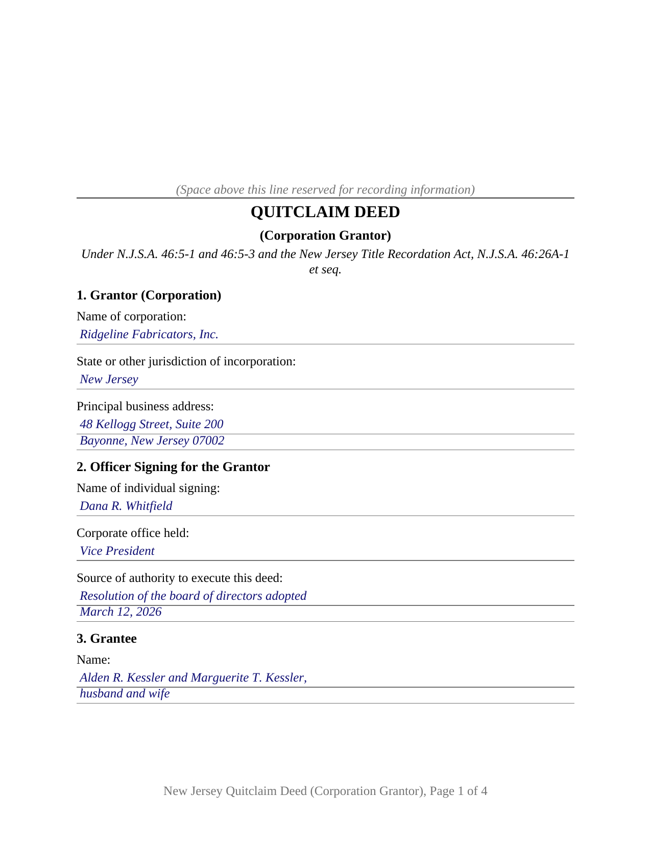 Cumberland County Completed Example of the Quitclaim Deed (Corporation Grantor) Document