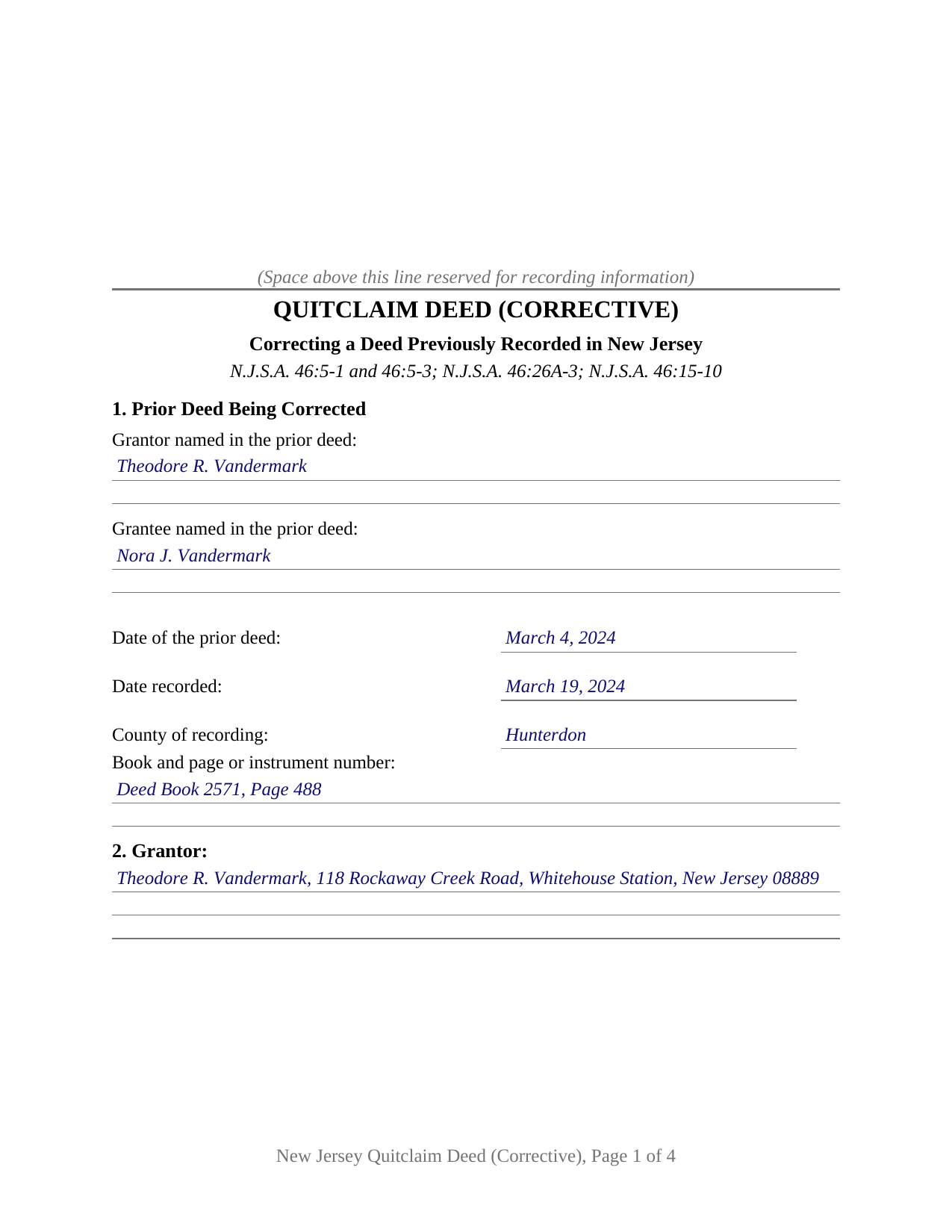 Atlantic County Completed Example of the Quitclaim Deed (Corrective) Document