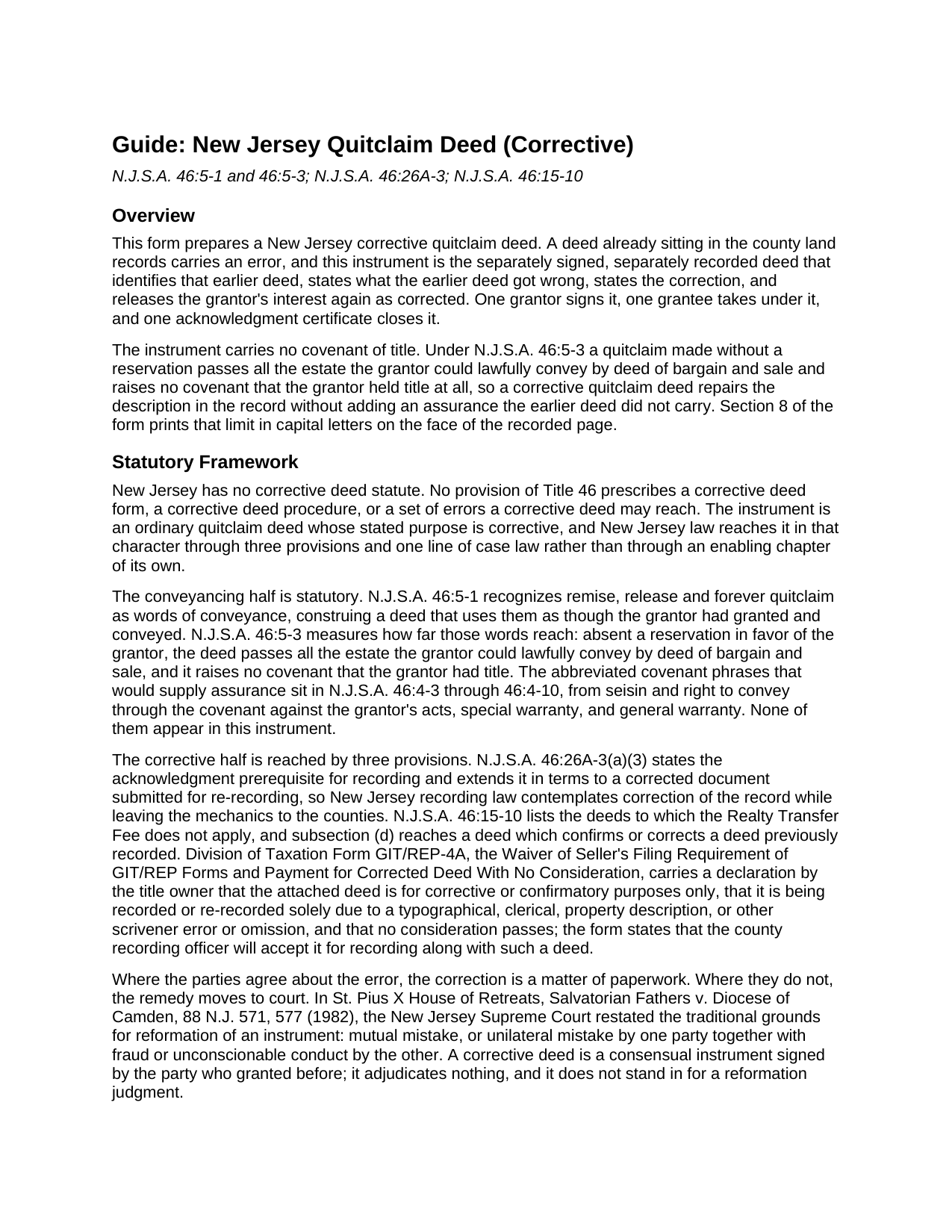 Atlantic County Quitclaim Deed (Corrective) Guide